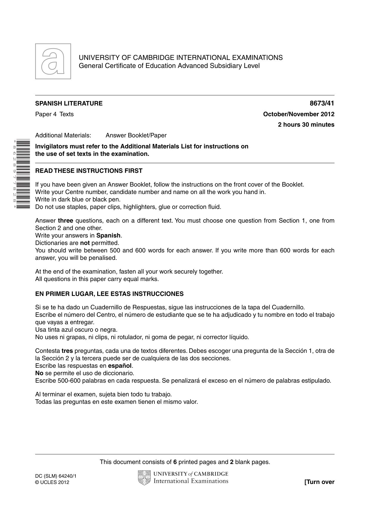 Cambridge A Level Spanish - Literature (AS Level only) 8673 2012 Oct/Nov Paper 4 · Variant 1 question paper, page 1 of 8