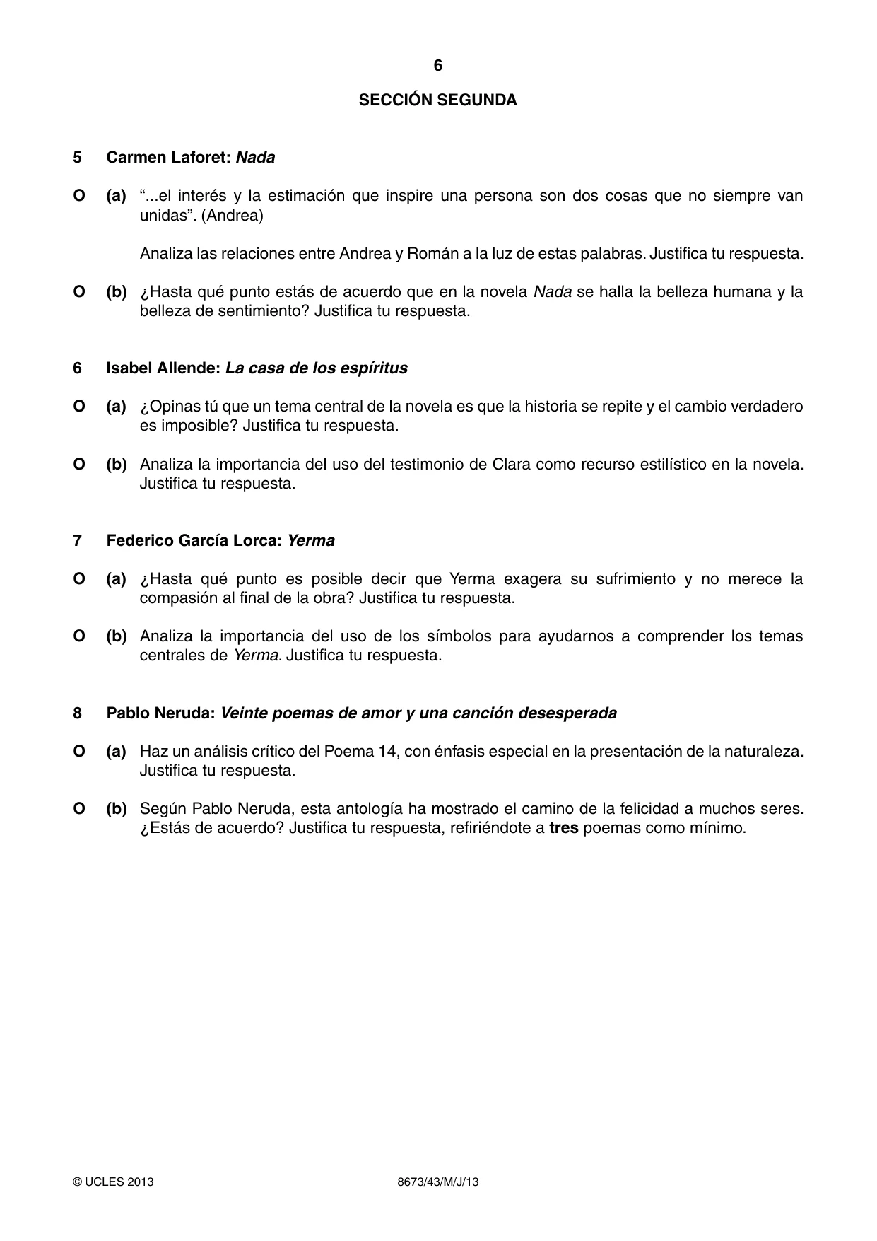 Cambridge A Level Spanish - Literature (AS Level only) 8673 2013 May/June Paper 4 · Variant 3 question paper, page 6 of 8