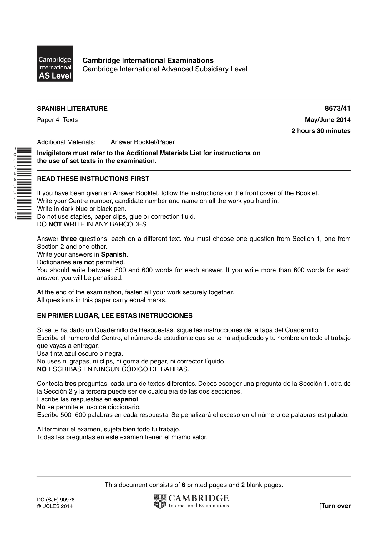 Cambridge A Level Spanish - Literature (AS Level only) 8673 2014 May/June Paper 4 · Variant 1 question paper, page 1 of 8