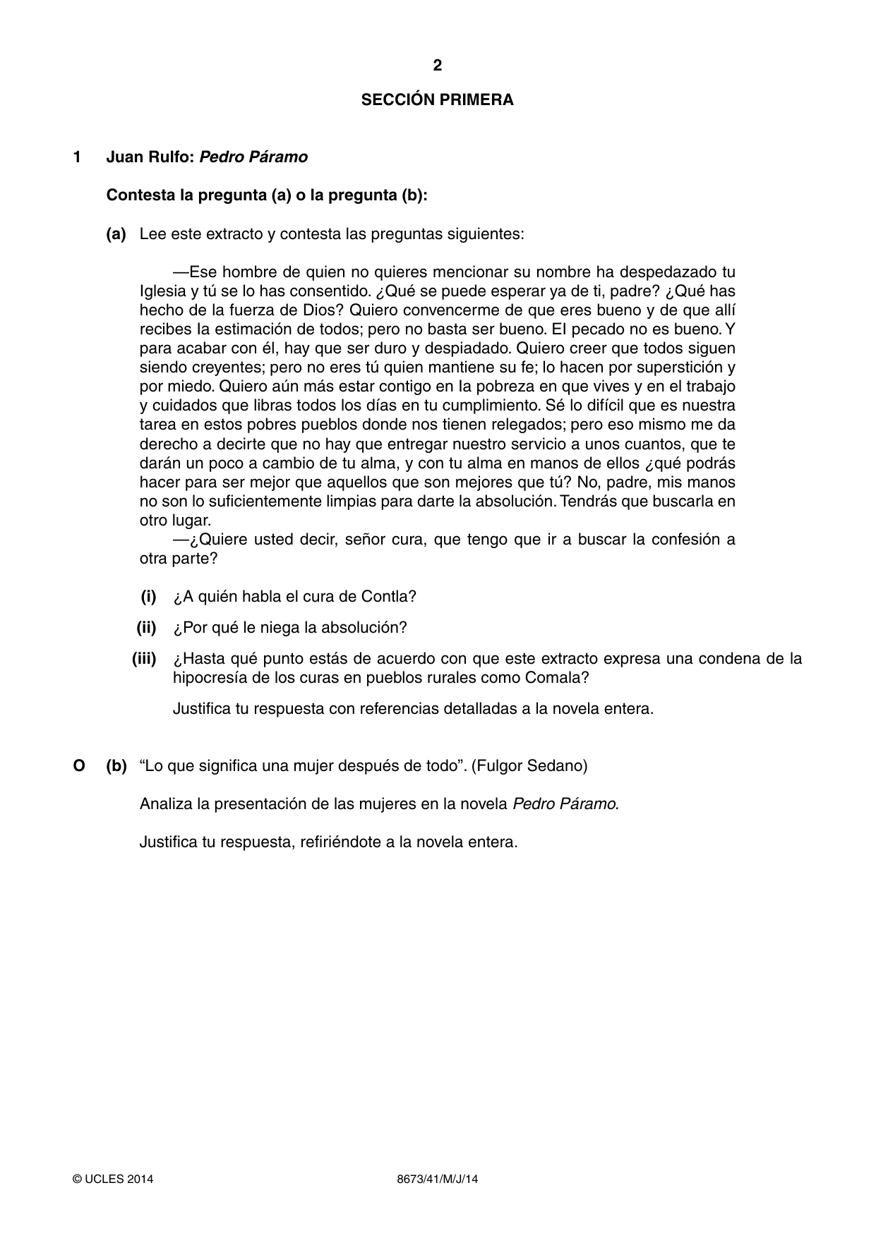 Cambridge A Level Spanish - Literature (AS Level only) 8673 2014 May/June Paper 4 · Variant 1 question paper, page 2 of 8