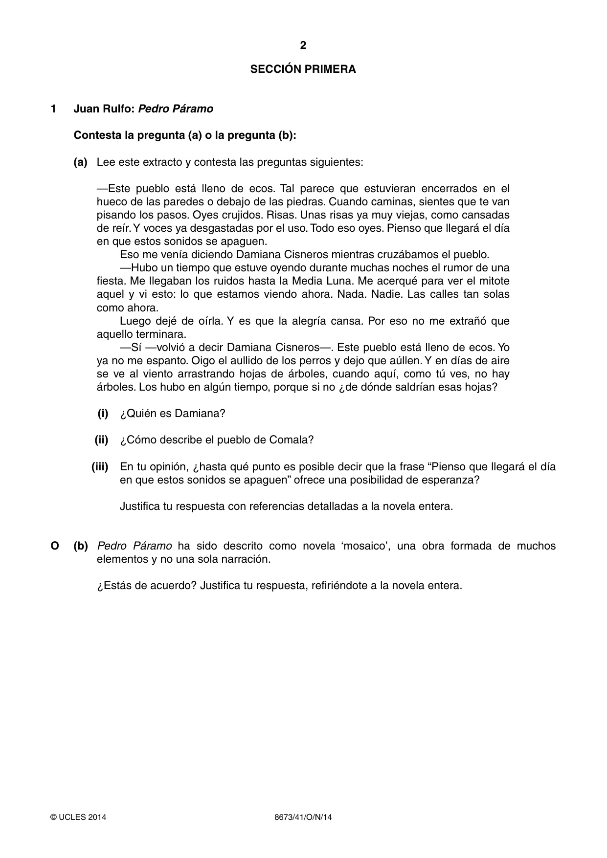 Cambridge A Level Spanish - Literature (AS Level only) 8673 2014 Oct/Nov Paper 4 · Variant 1 question paper, page 2 of 8