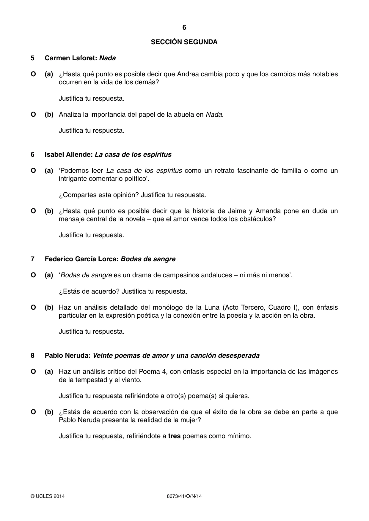 Cambridge A Level Spanish - Literature (AS Level only) 8673 2014 Oct/Nov Paper 4 · Variant 1 question paper, page 6 of 8