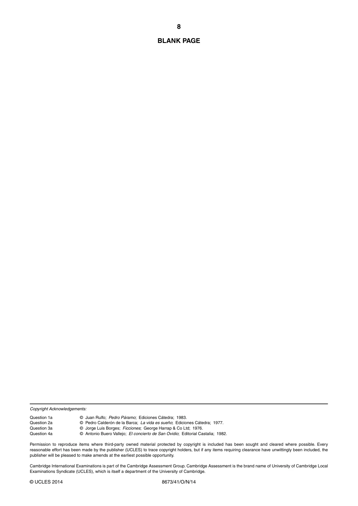 Cambridge A Level Spanish - Literature (AS Level only) 8673 2014 Oct/Nov Paper 4 · Variant 1 question paper, page 8 of 8