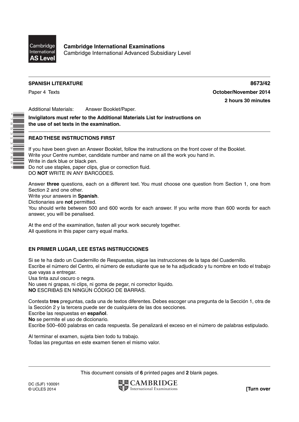 Cambridge A Level Spanish - Literature (AS Level only) 8673 2014 Oct/Nov Paper 4 · Variant 2 question paper, page 1 of 8