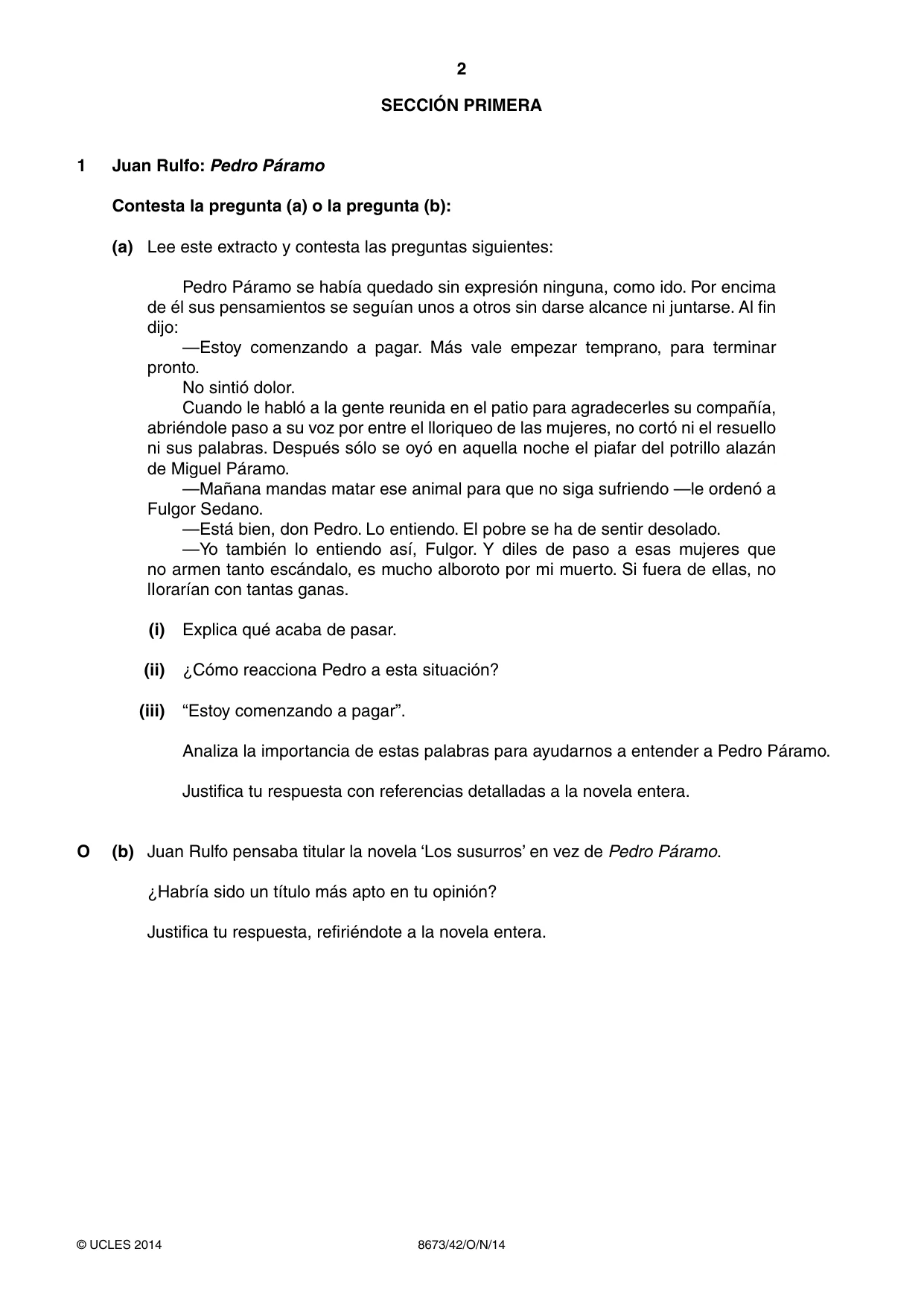Cambridge A Level Spanish - Literature (AS Level only) 8673 2014 Oct/Nov Paper 4 · Variant 2 question paper, page 2 of 8