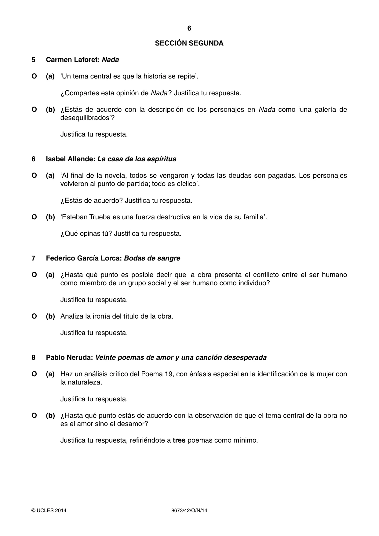 Cambridge A Level Spanish - Literature (AS Level only) 8673 2014 Oct/Nov Paper 4 · Variant 2 question paper, page 6 of 8