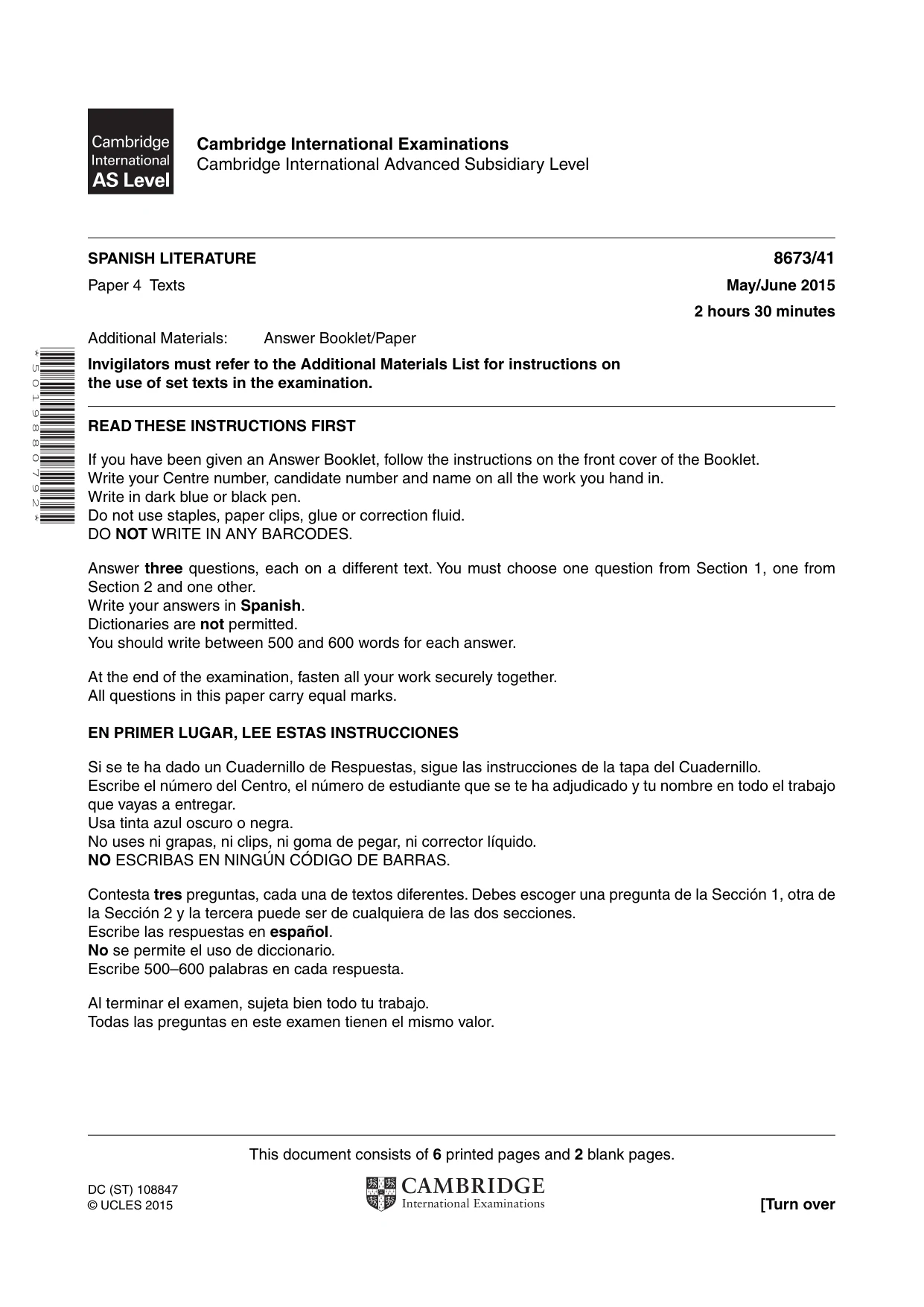 Cambridge A Level Spanish - Literature (AS Level only) 8673 2015 May/June Paper 4 · Variant 1 question paper, page 1 of 8