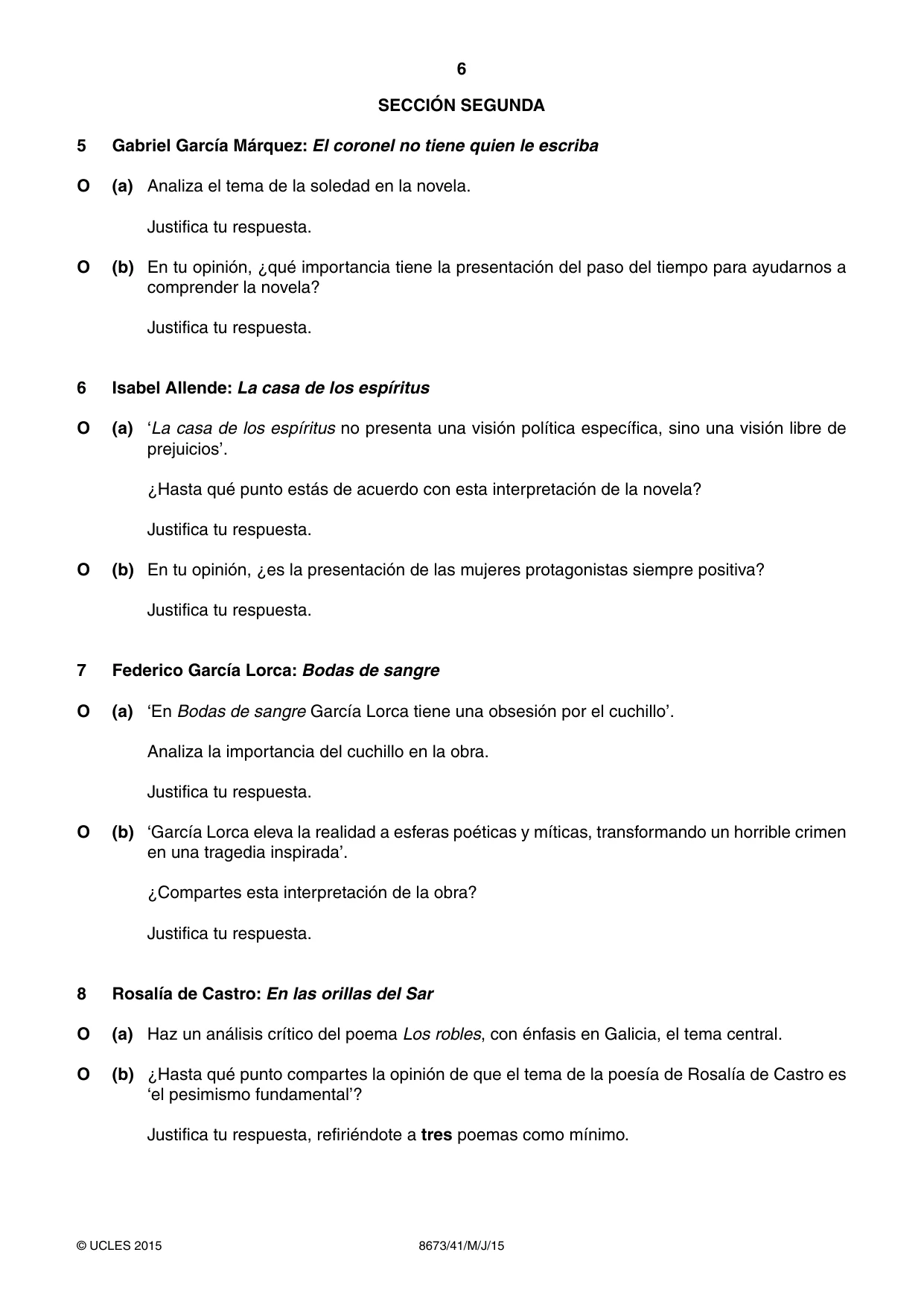 Cambridge A Level Spanish - Literature (AS Level only) 8673 2015 May/June Paper 4 · Variant 1 question paper, page 6 of 8