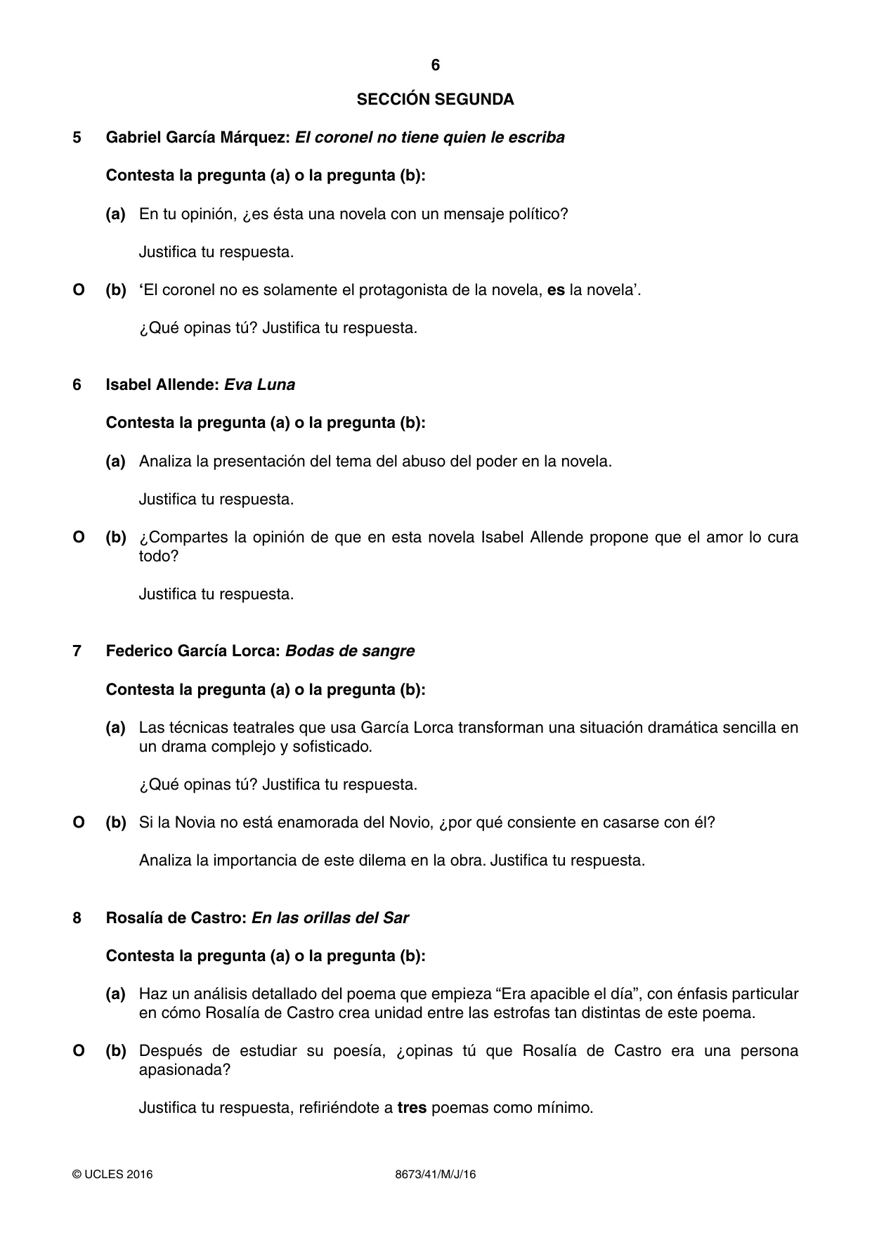Cambridge A Level Spanish - Literature (AS Level only) 8673 2016 May/June Paper 4 · Variant 1 question paper, page 6 of 8