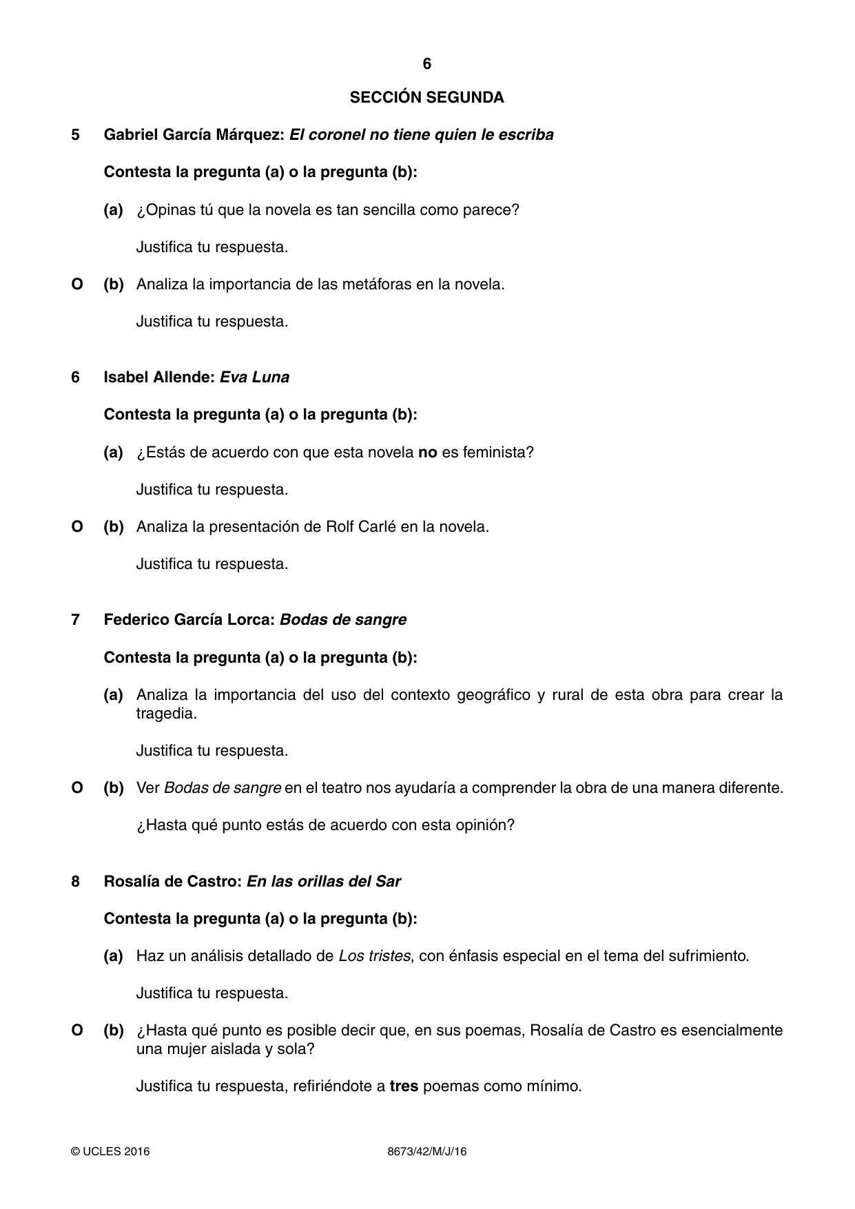 Cambridge A Level Spanish - Literature (AS Level only) 8673 2016 May/June Paper 4 · Variant 2 question paper, page 6 of 8