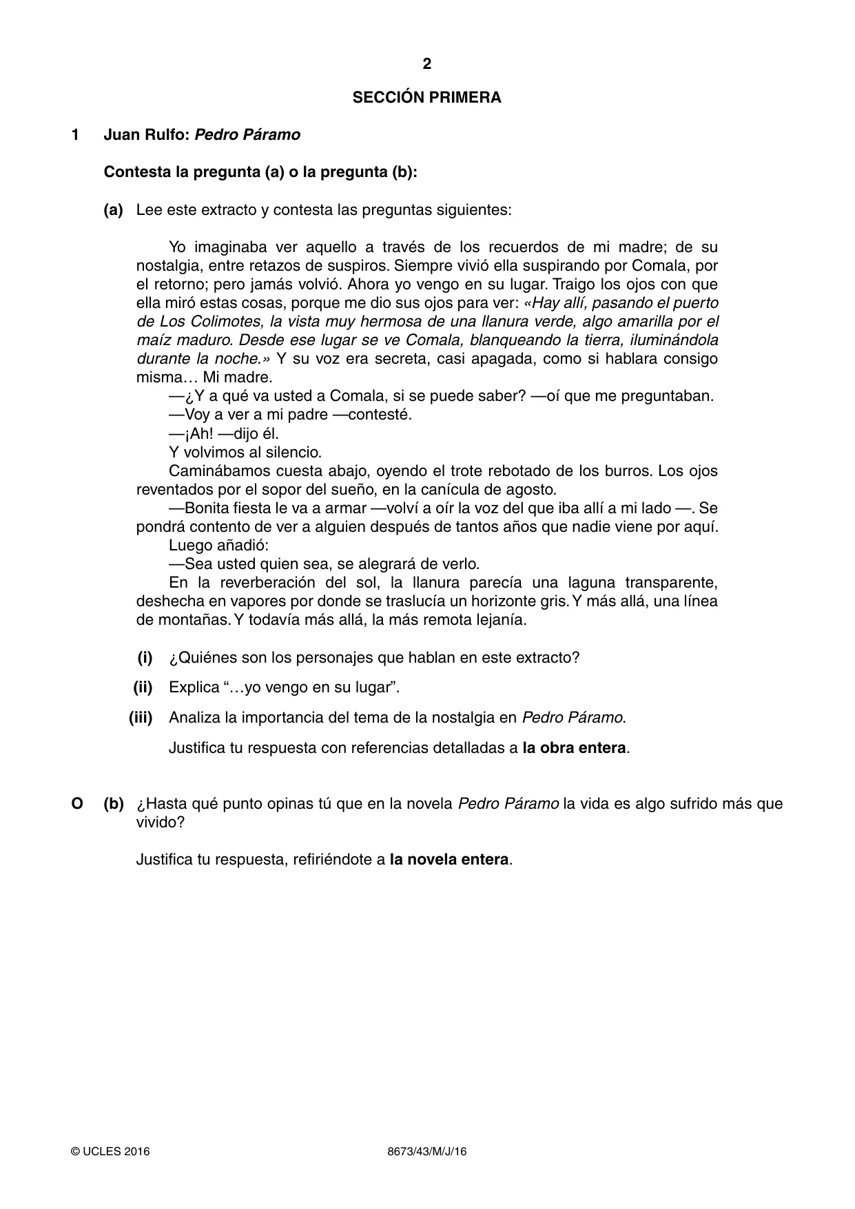 Cambridge A Level Spanish - Literature (AS Level only) 8673 2016 May/June Paper 4 · Variant 3 question paper, page 2 of 8