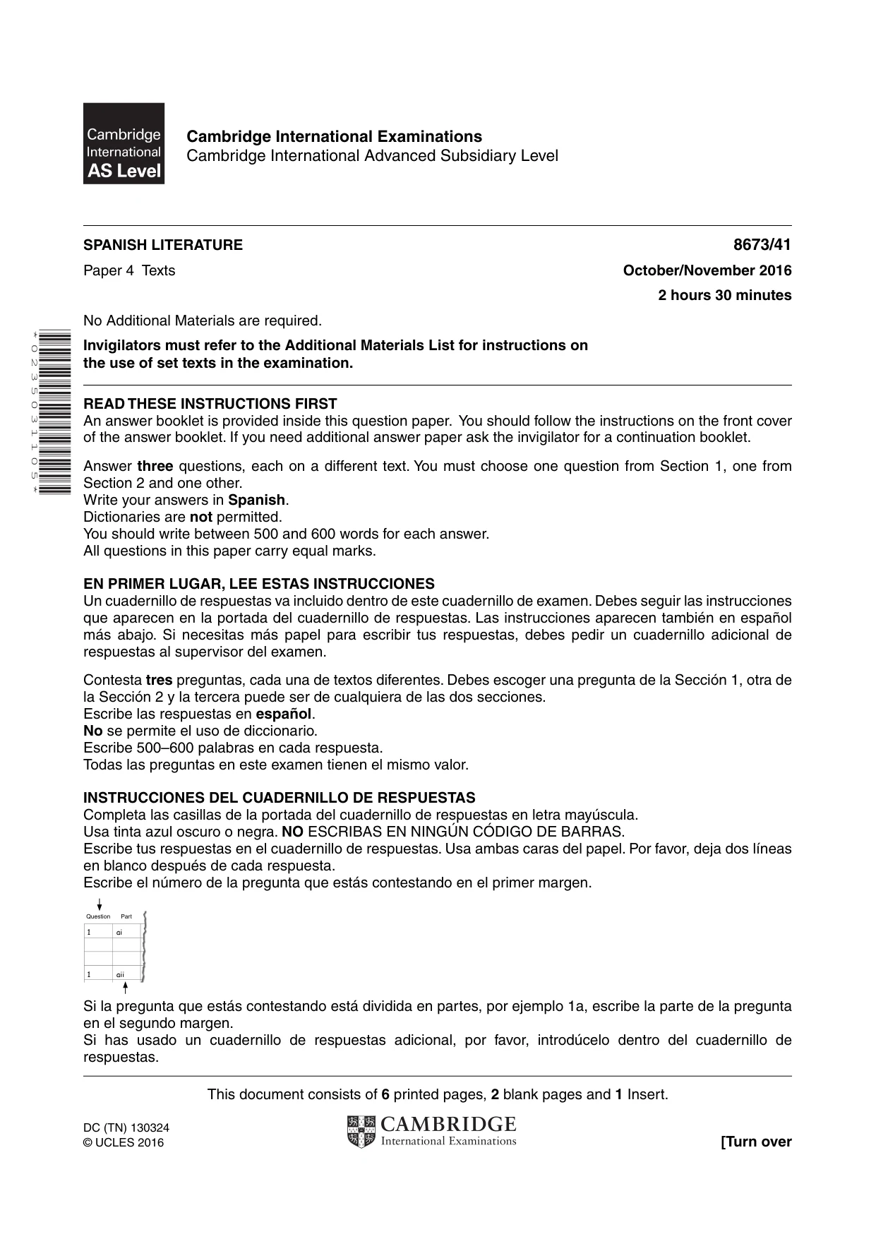Cambridge A Level Spanish - Literature (AS Level only) 8673 2016 Oct/Nov Paper 4 · Variant 1 question paper, page 1 of 8