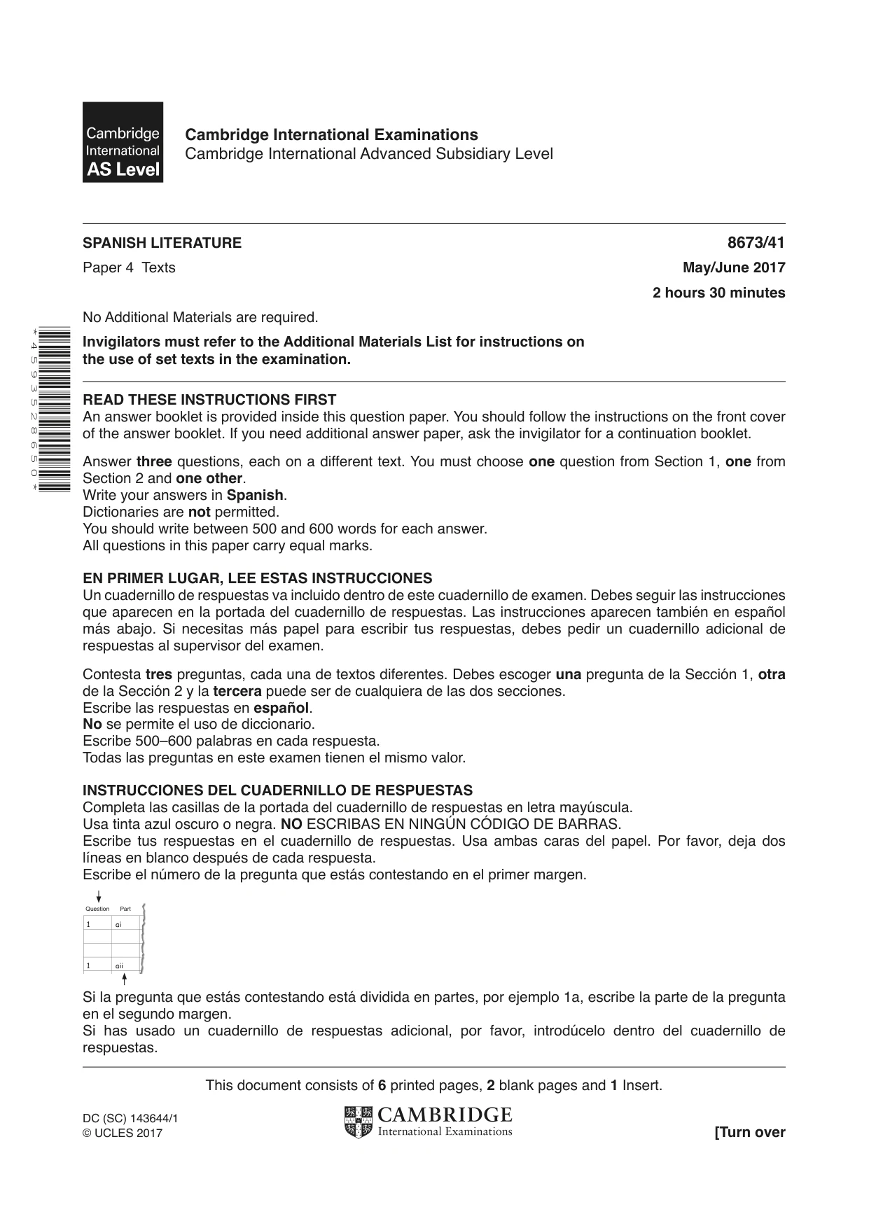 Cambridge A Level Spanish - Literature (AS Level only) 8673 2017 May/June Paper 4 · Variant 1 question paper, page 1 of 8