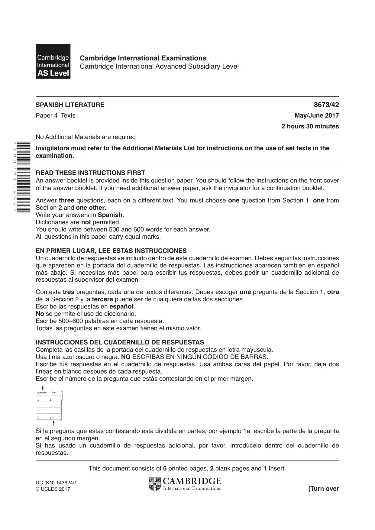 Cambridge A Level Spanish - Literature (AS Level only) 8673 2017 May/June Paper 4 · Variant 2 question paper, page 1 of 8