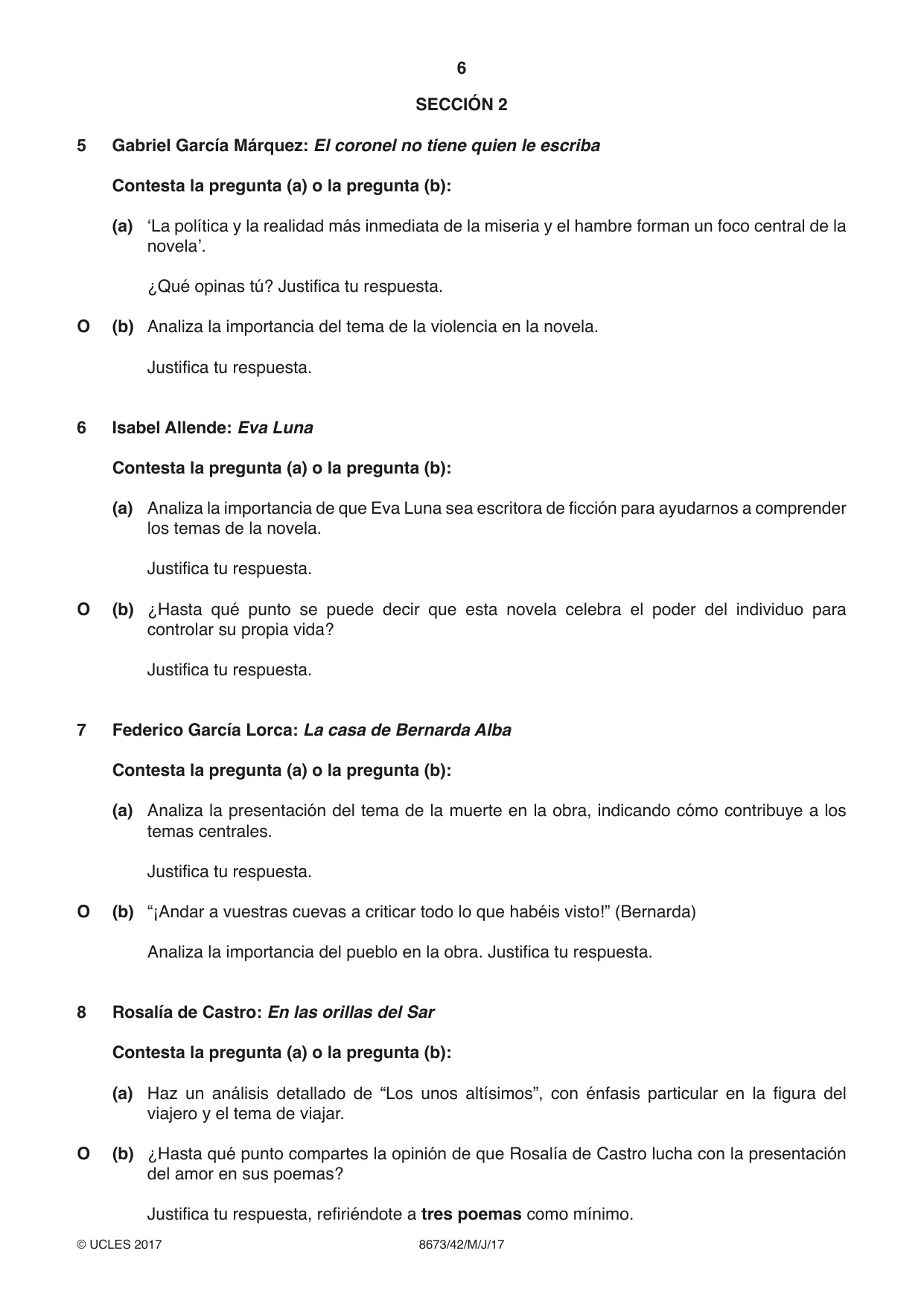 Cambridge A Level Spanish - Literature (AS Level only) 8673 2017 May/June Paper 4 · Variant 2 question paper, page 6 of 8
