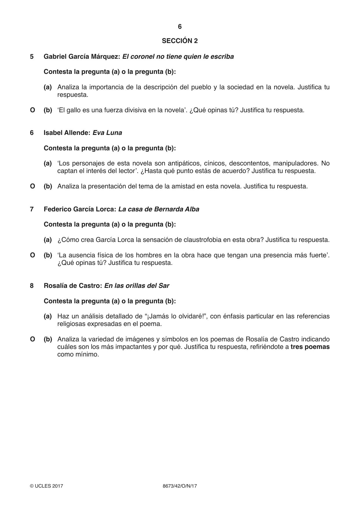 Cambridge A Level Spanish - Literature (AS Level only) 8673 2017 Oct/Nov Paper 4 · Variant 2 question paper, page 6 of 8