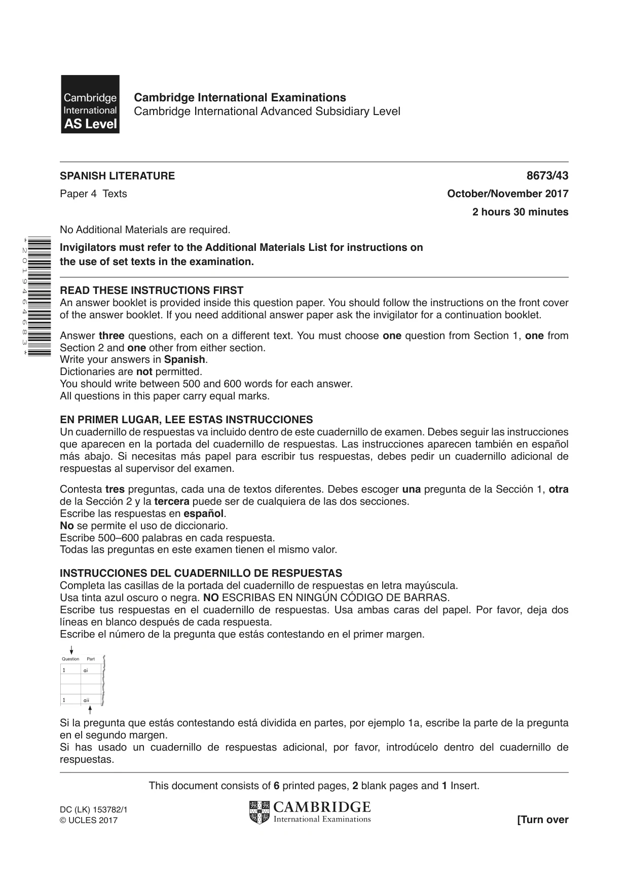 Cambridge A Level Spanish - Literature (AS Level only) 8673 2017 Oct/Nov Paper 4 · Variant 3 question paper, page 1 of 8