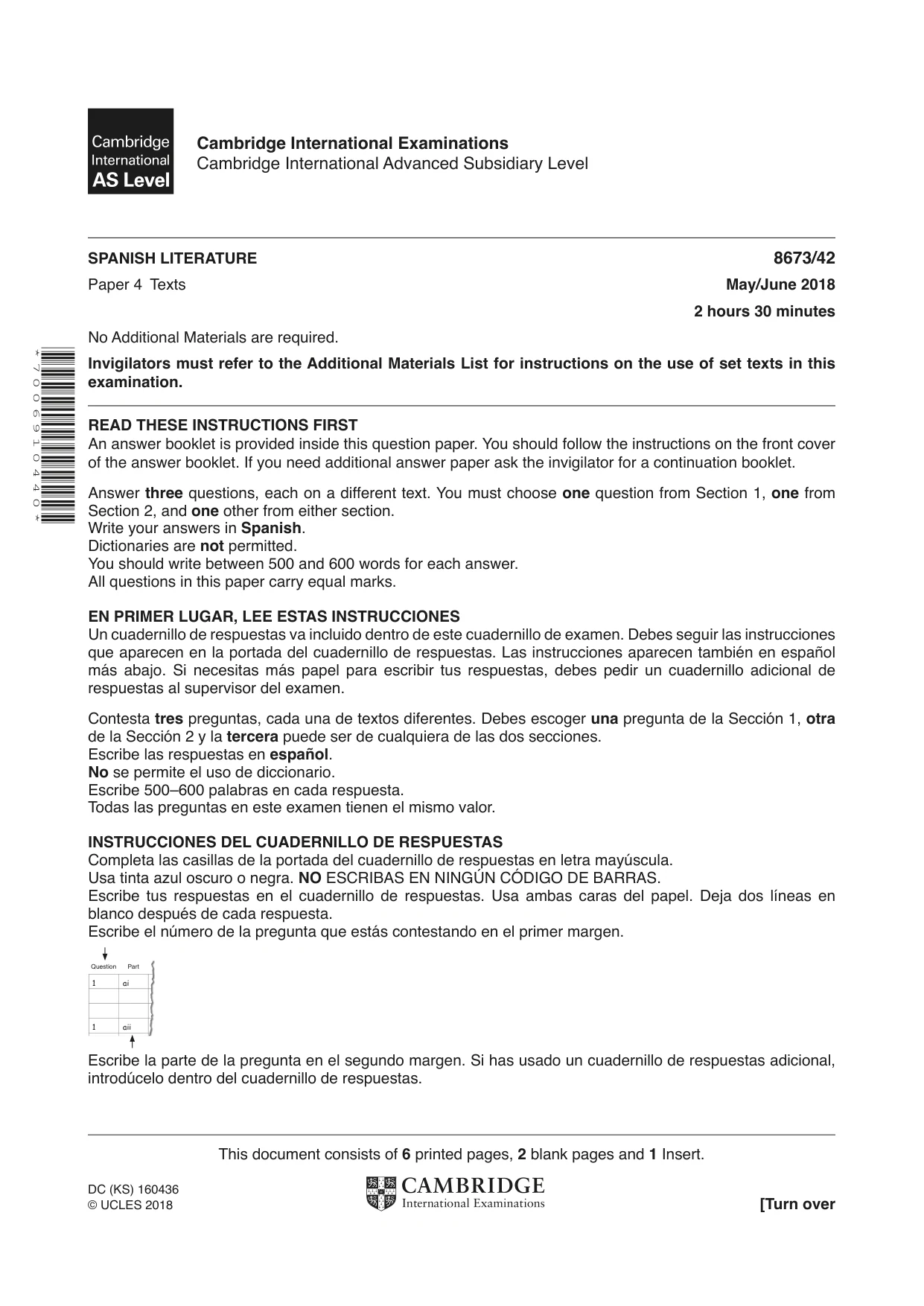 Cambridge A Level Spanish - Literature (AS Level only) 8673 2018 May/June Paper 4 · Variant 2 question paper, page 1 of 8