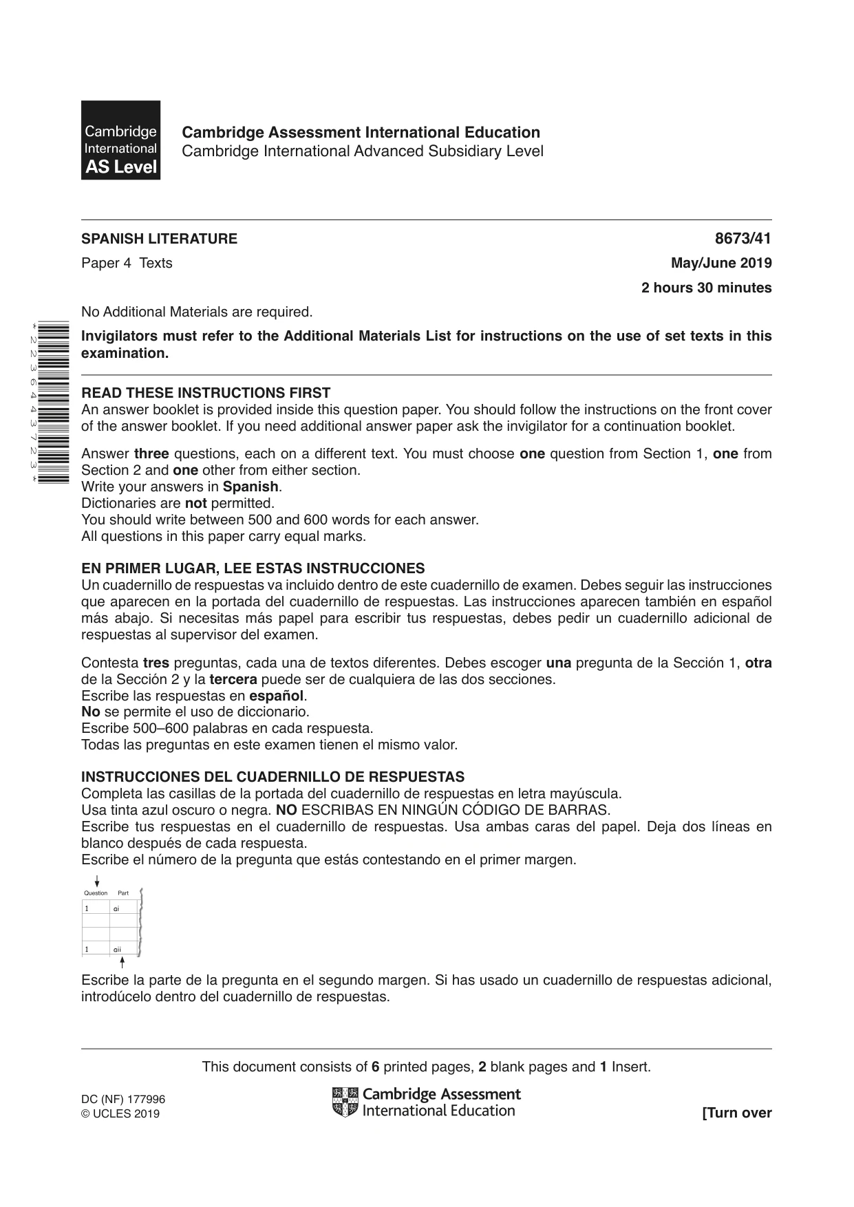 Cambridge A Level Spanish - Literature (AS Level only) 8673 2019 May/June Paper 4 · Variant 1 question paper, page 1 of 8