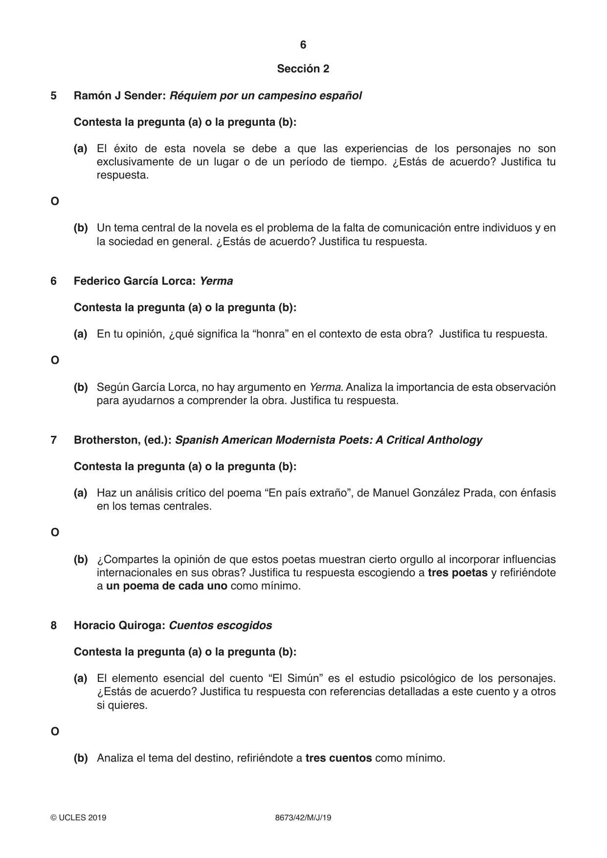 Cambridge A Level Spanish - Literature (AS Level only) 8673 2019 May/June Paper 4 · Variant 2 question paper, page 6 of 8