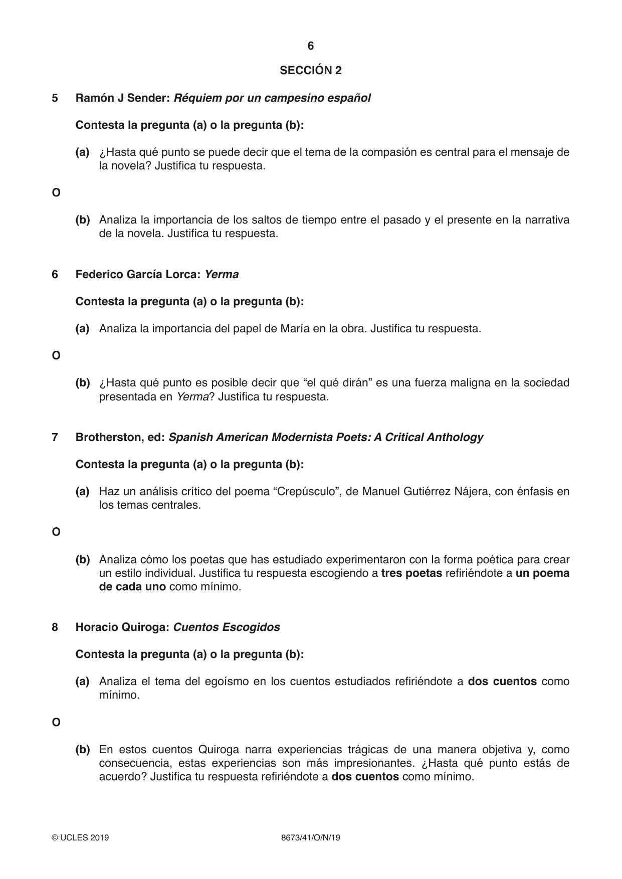 Cambridge A Level Spanish - Literature (AS Level only) 8673 2019 Oct/Nov Paper 4 · Variant 1 question paper, page 6 of 8