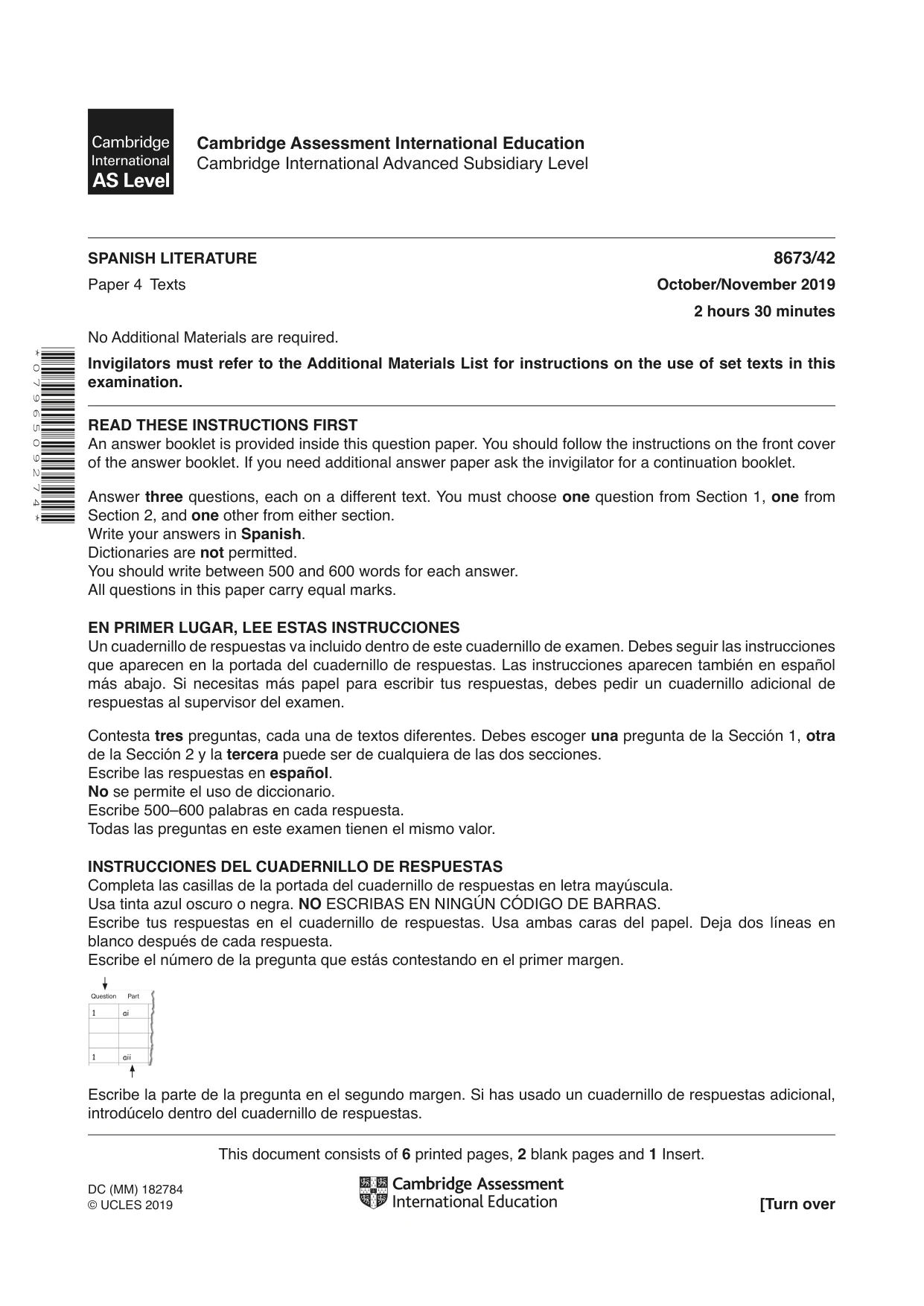 Cambridge A Level Spanish - Literature (AS Level only) 8673 2019 Oct/Nov Paper 4 · Variant 2 question paper, page 1 of 8