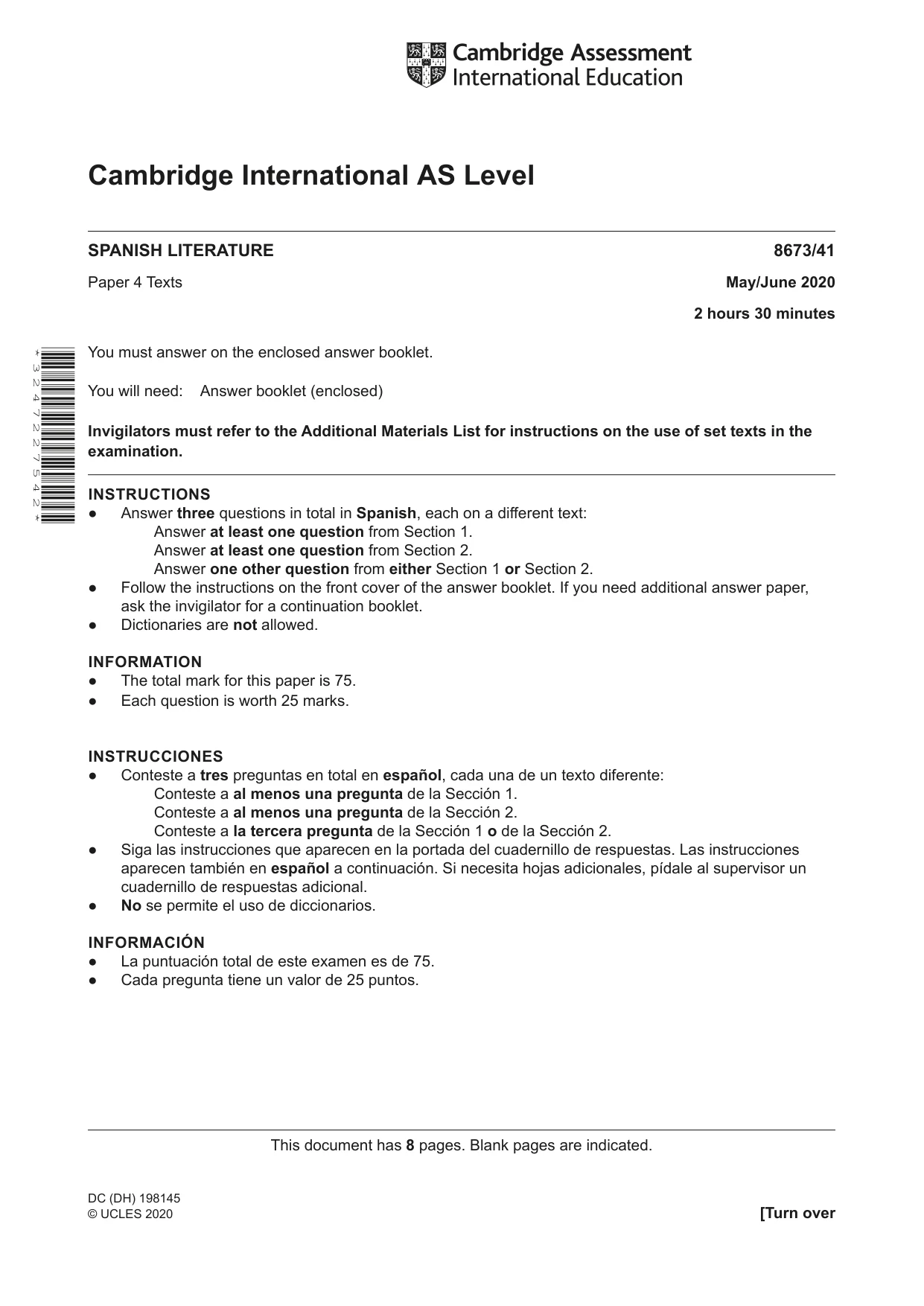 Cambridge A Level Spanish - Literature (AS Level only) 8673 2020 May/June Paper 4 · Variant 1 question paper, page 1 of 8