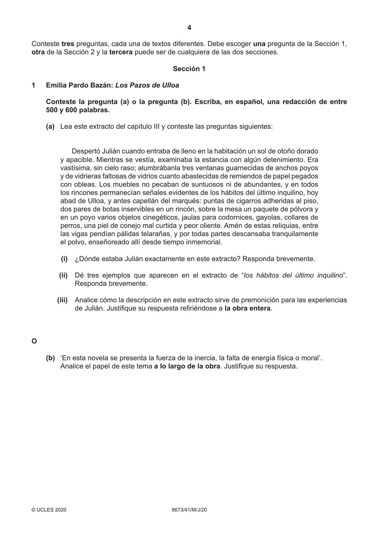 Cambridge A Level Spanish - Literature (AS Level only) 8673 2020 May/June Paper 4 · Variant 1 question paper, page 4 of 8