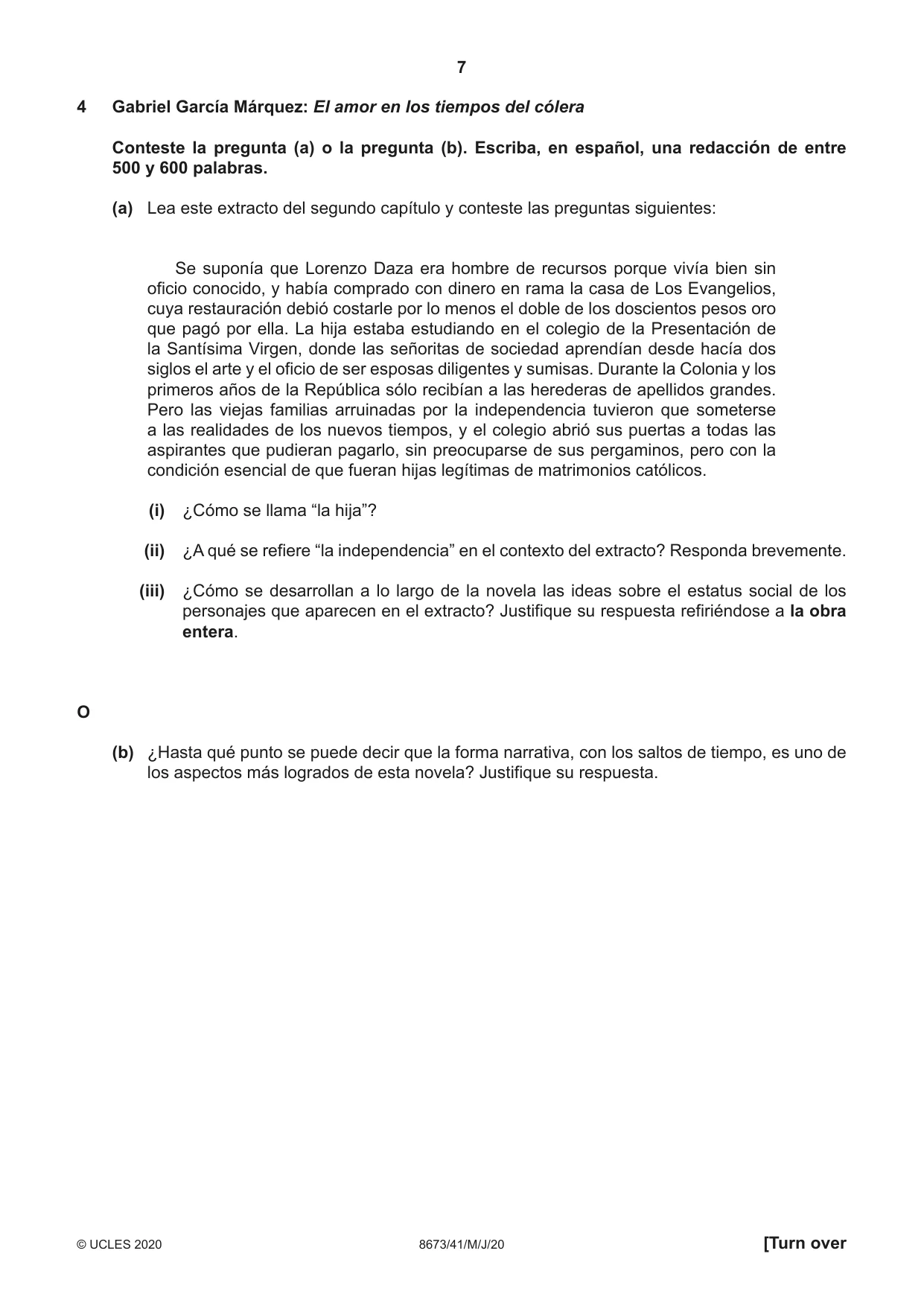Cambridge A Level Spanish - Literature (AS Level only) 8673 2020 May/June Paper 4 · Variant 1 question paper, page 7 of 8