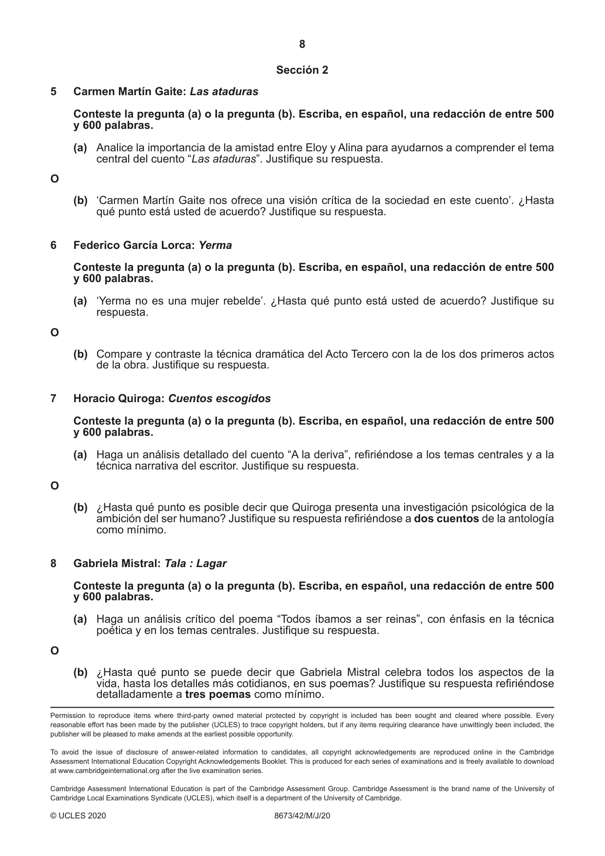 Cambridge A Level Spanish - Literature (AS Level only) 8673 2020 May/June Paper 4 · Variant 2 question paper, page 8 of 8