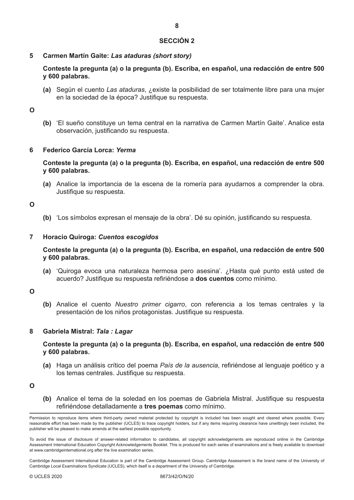Cambridge A Level Spanish - Literature (AS Level only) 8673 2020 Oct/Nov Paper 4 · Variant 2 question paper, page 8 of 8