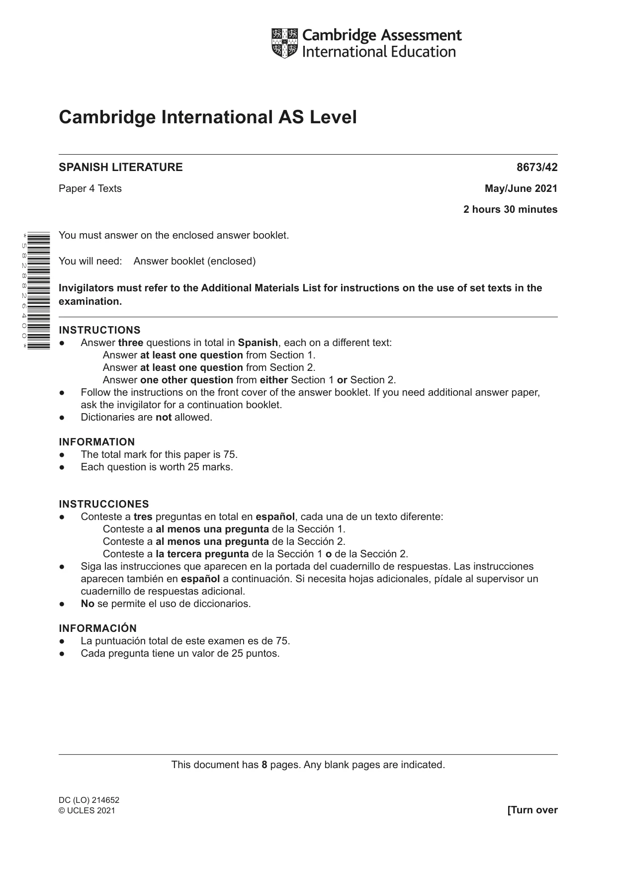 Cambridge A Level Spanish - Literature (AS Level only) 8673 2021 May/June Paper 4 · Variant 2 question paper, page 1 of 8