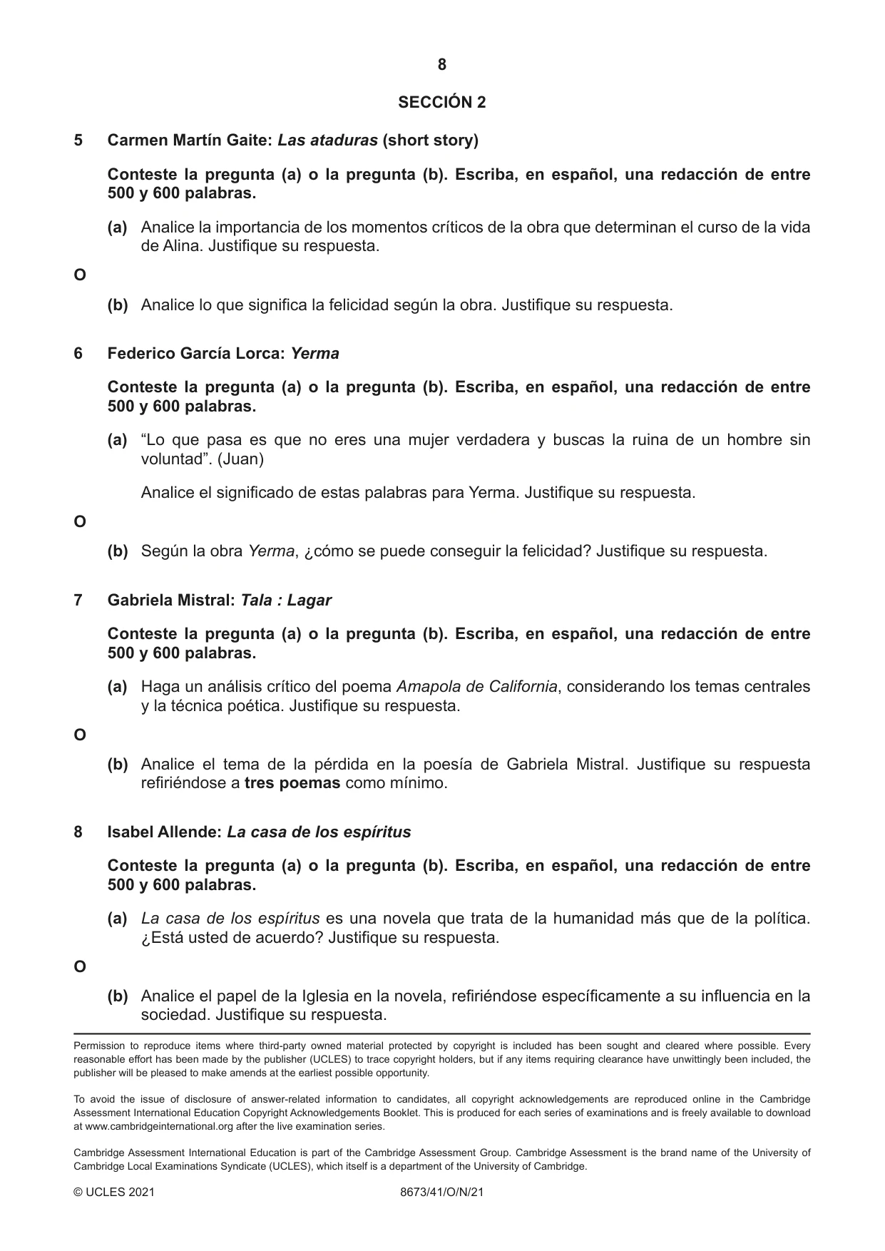 Cambridge A Level Spanish - Literature (AS Level only) 8673 2021 Oct/Nov Paper 4 · Variant 1 question paper, page 8 of 8