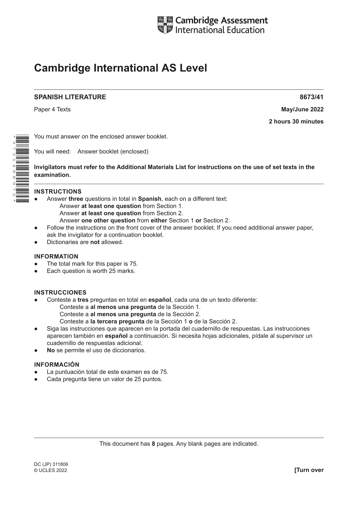 Cambridge A Level Spanish - Literature (AS Level only) 8673 2022 May/June Paper 4 · Variant 1 question paper, page 1 of 8