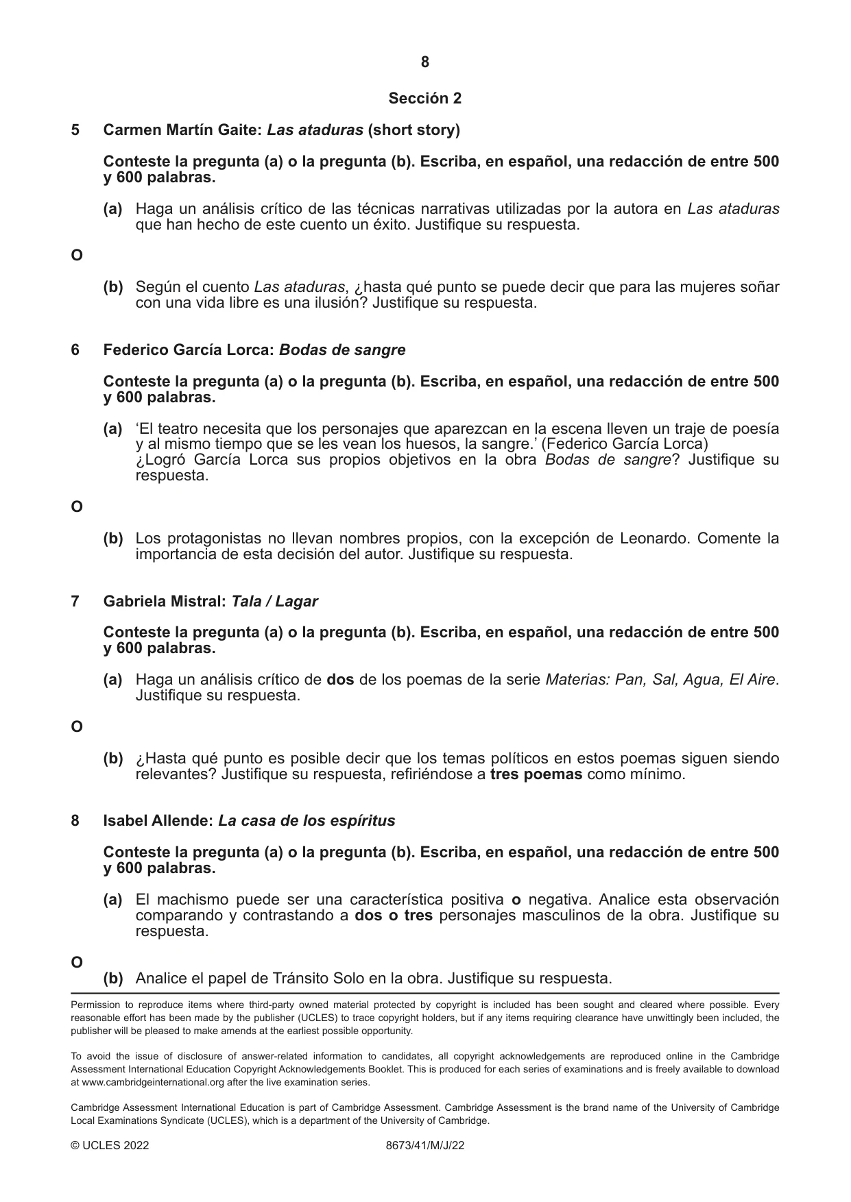 Cambridge A Level Spanish - Literature (AS Level only) 8673 2022 May/June Paper 4 · Variant 1 question paper, page 8 of 8
