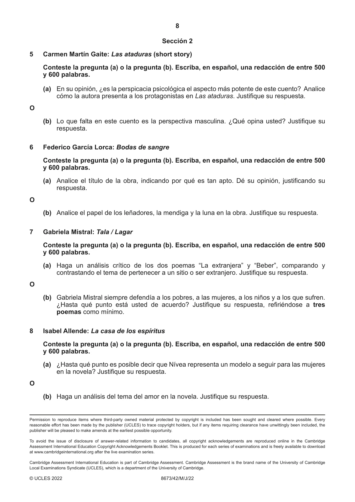 Cambridge A Level Spanish - Literature (AS Level only) 8673 2022 May/June Paper 4 · Variant 2 question paper, page 8 of 8