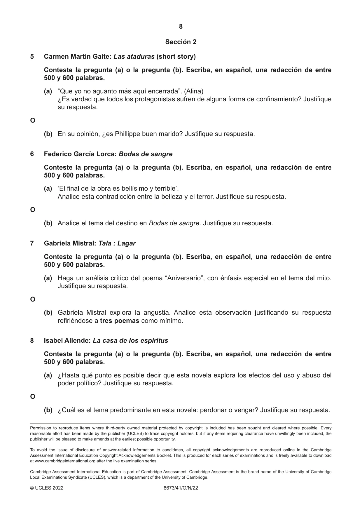 Cambridge A Level Spanish - Literature (AS Level only) 8673 2022 Oct/Nov Paper 4 · Variant 1 question paper, page 8 of 8