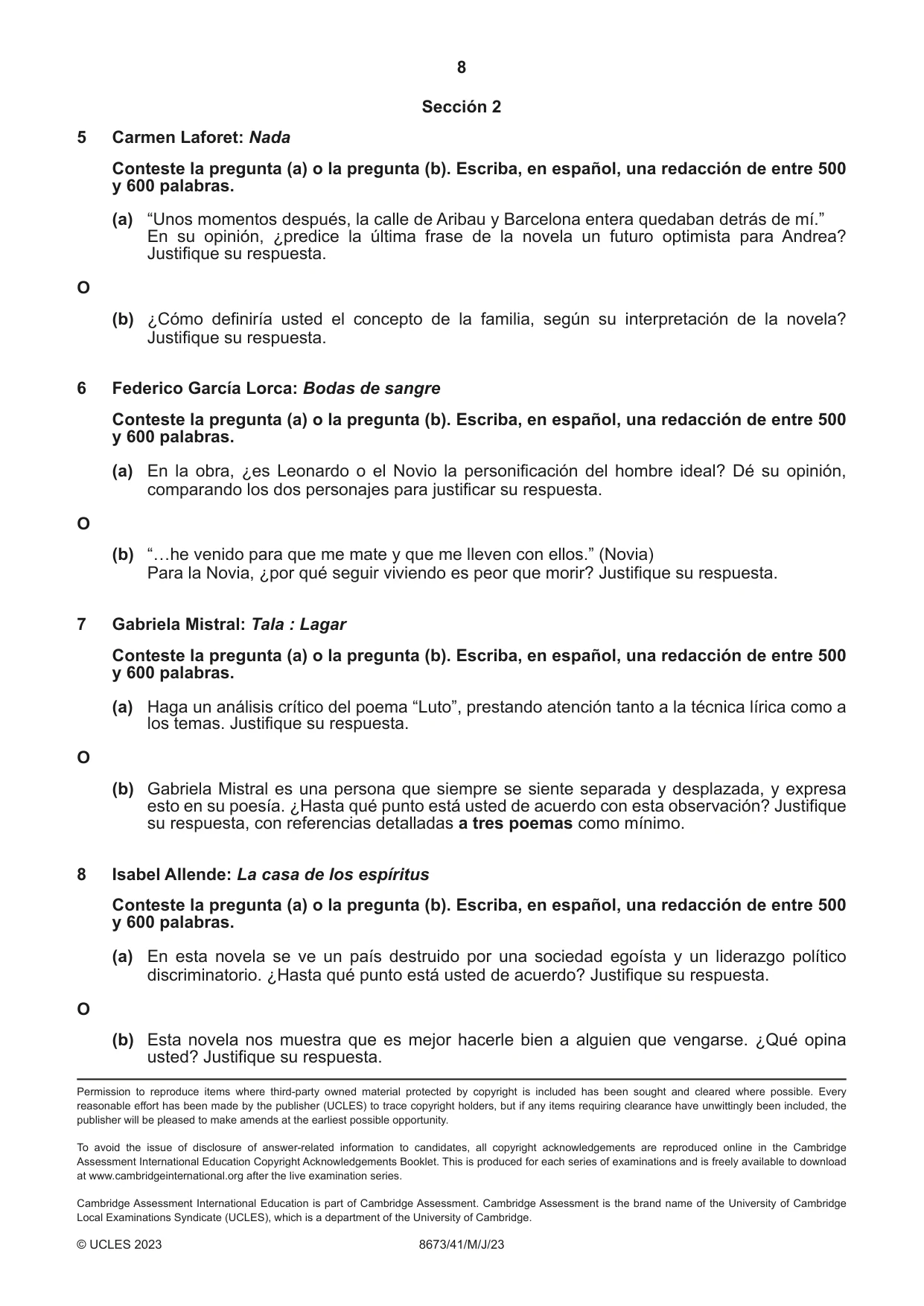 Cambridge A Level Spanish - Literature (AS Level only) 8673 2023 May/June Paper 4 · Variant 1 question paper, page 8 of 8