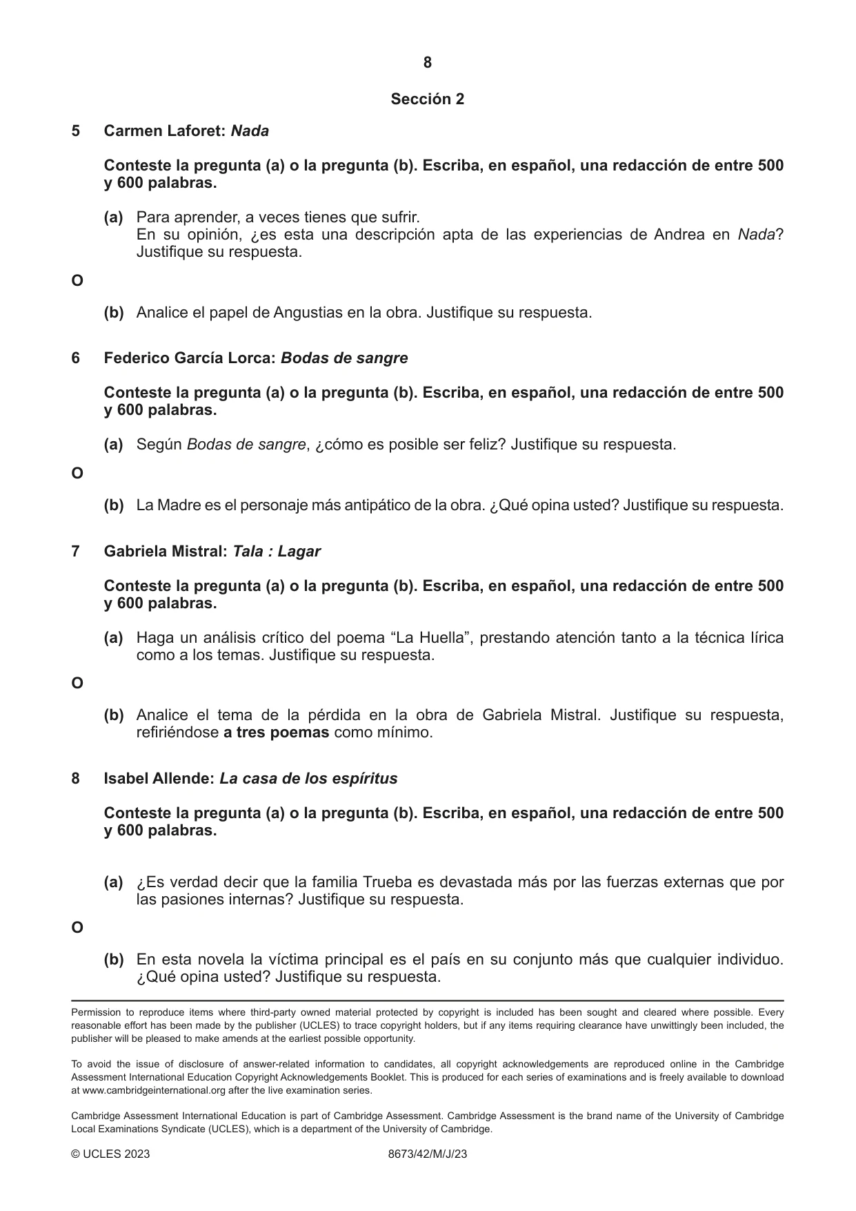 Cambridge A Level Spanish - Literature (AS Level only) 8673 2023 May/June Paper 4 · Variant 2 question paper, page 8 of 8