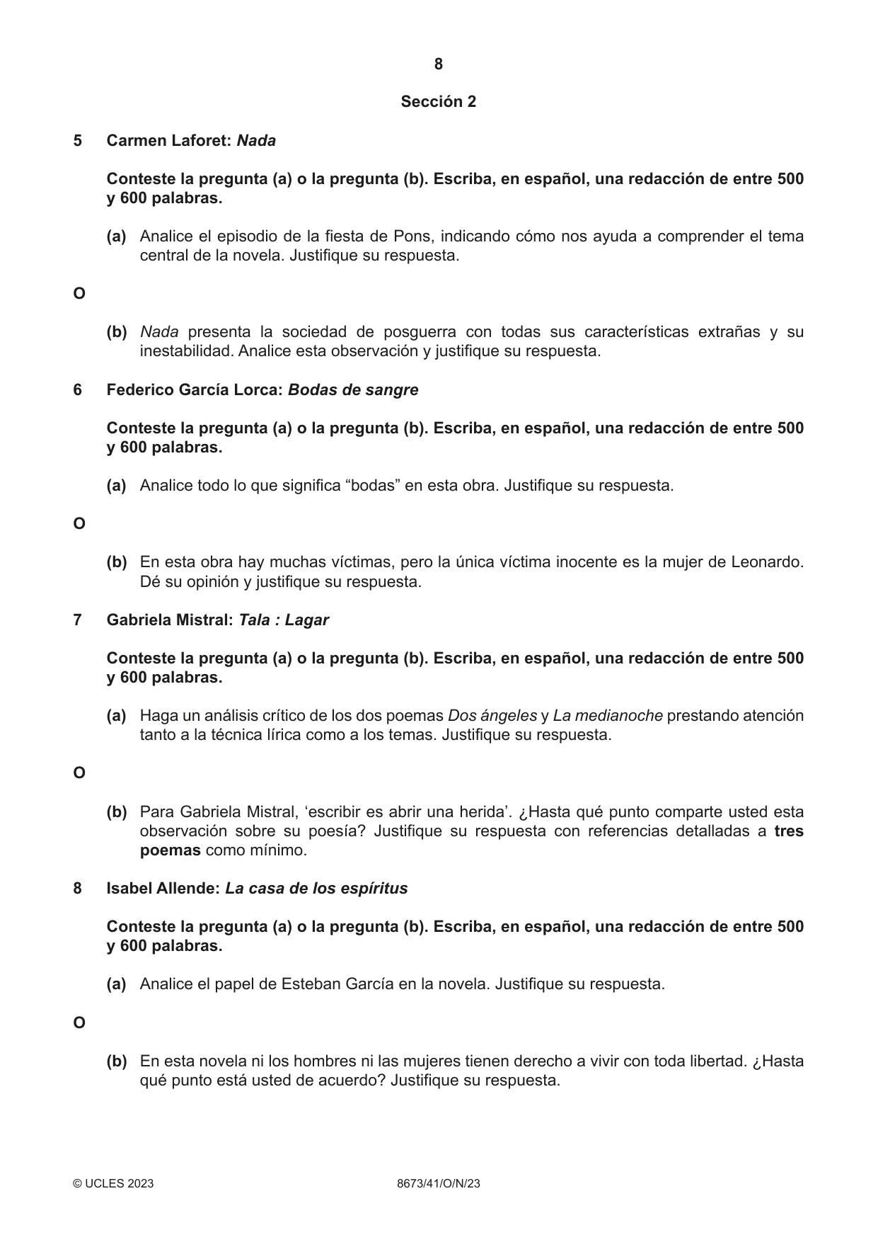 Cambridge A Level Spanish - Literature (AS Level only) 8673 2023 Oct/Nov Paper 4 · Variant 1 question paper, page 8 of 12