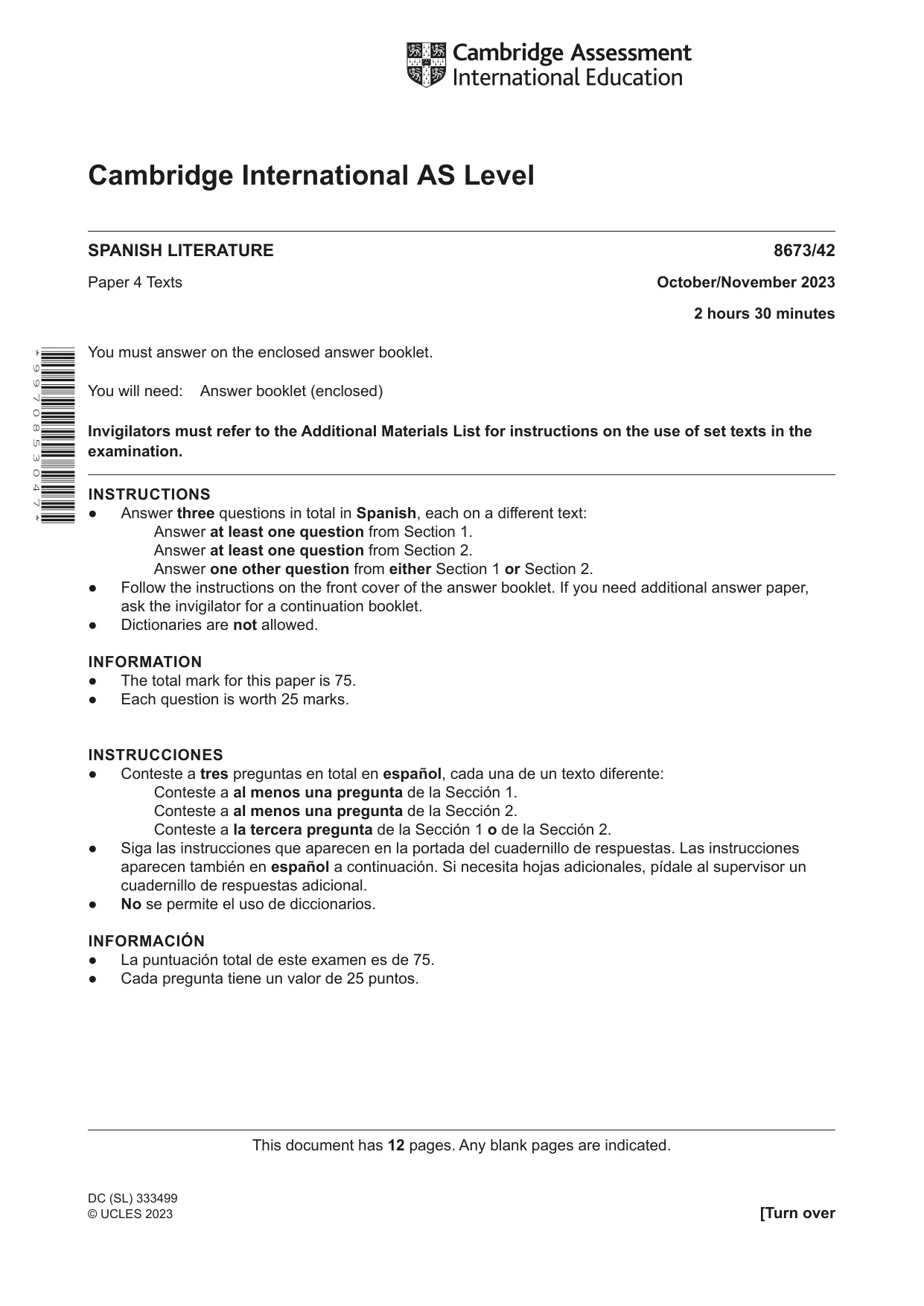 Cambridge A Level Spanish - Literature (AS Level only) 8673 2023 Oct/Nov Paper 4 · Variant 2 question paper, page 1 of 12