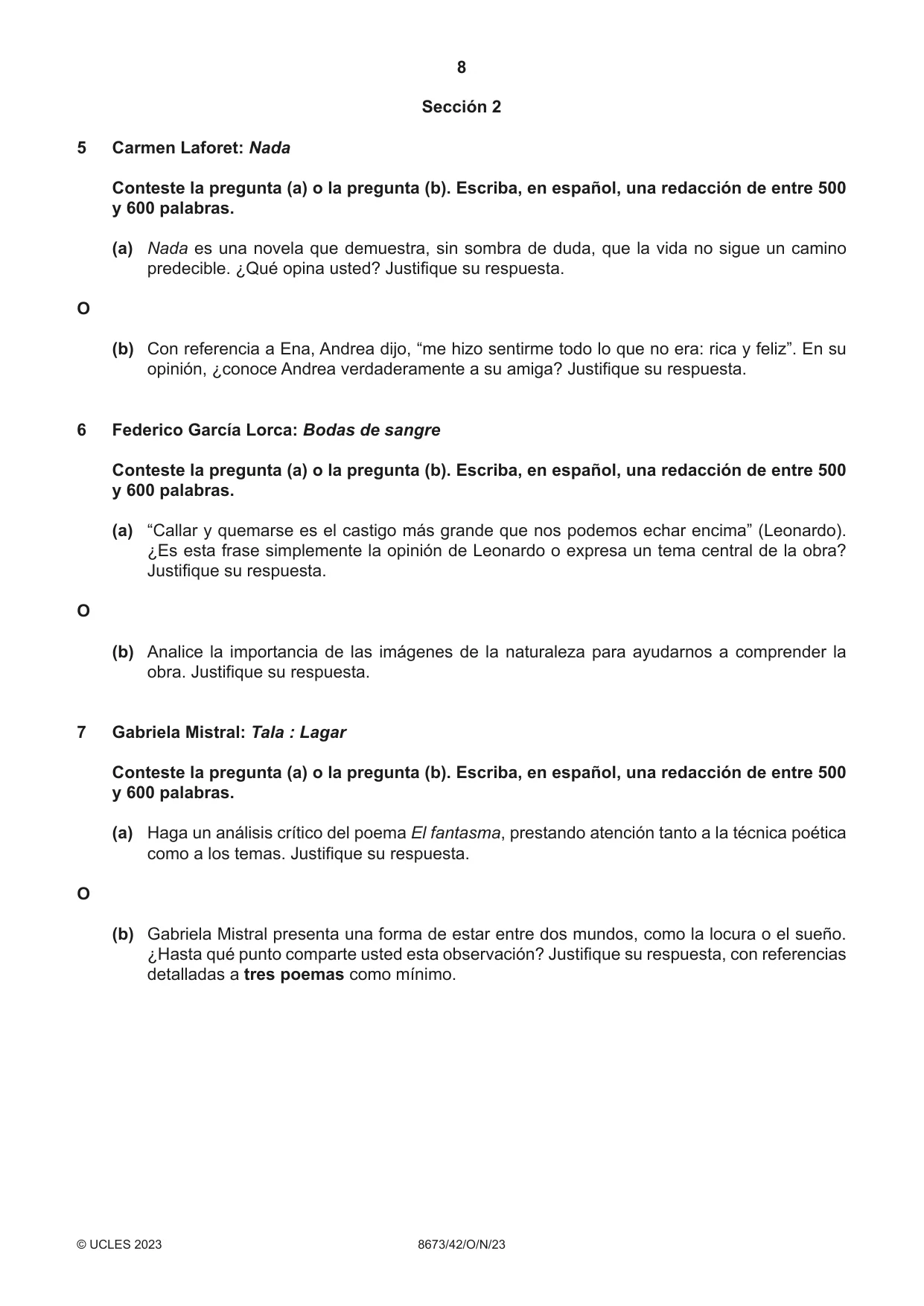 Cambridge A Level Spanish - Literature (AS Level only) 8673 2023 Oct/Nov Paper 4 · Variant 2 question paper, page 8 of 12