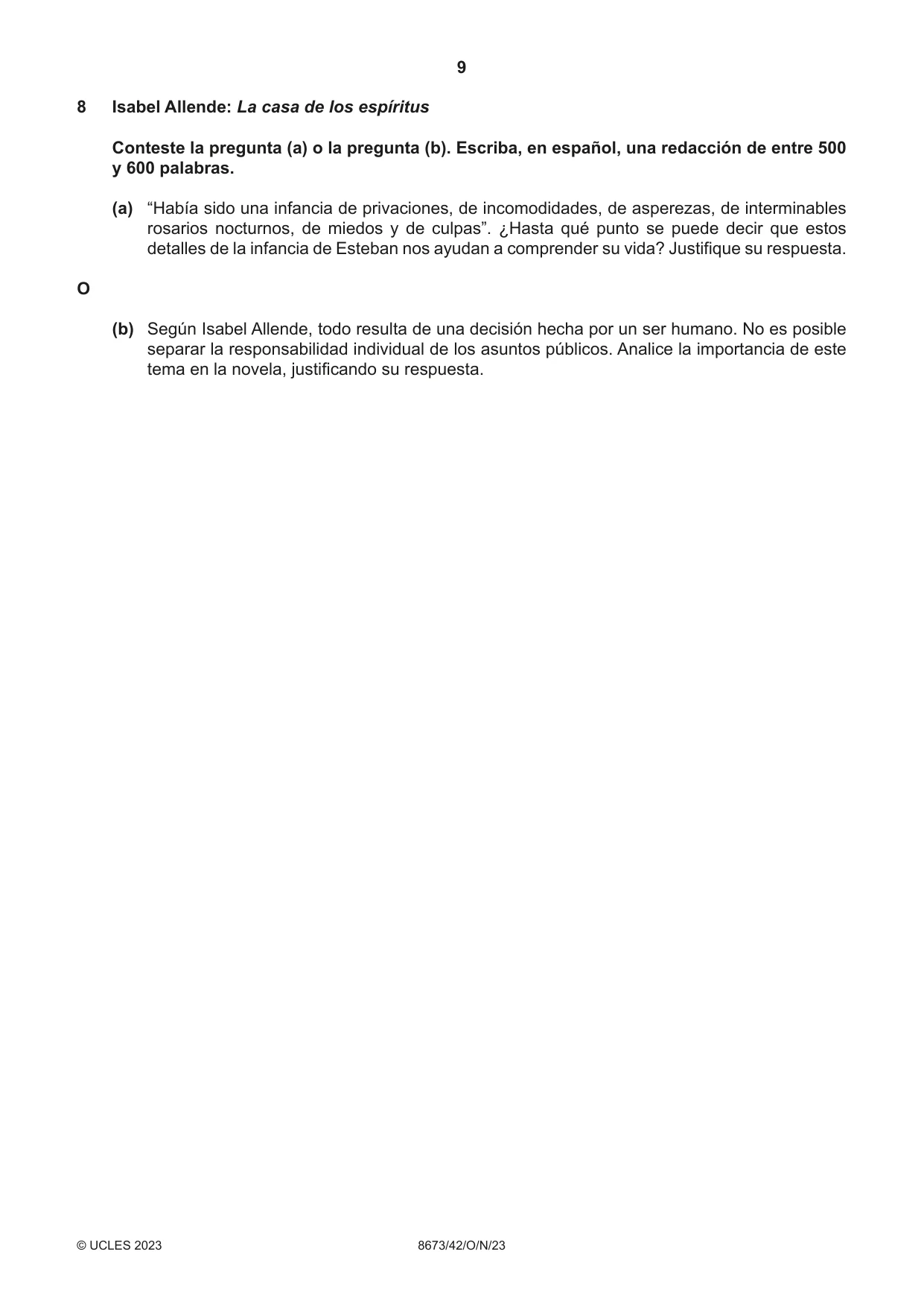 Cambridge A Level Spanish - Literature (AS Level only) 8673 2023 Oct/Nov Paper 4 · Variant 2 question paper, page 9 of 12