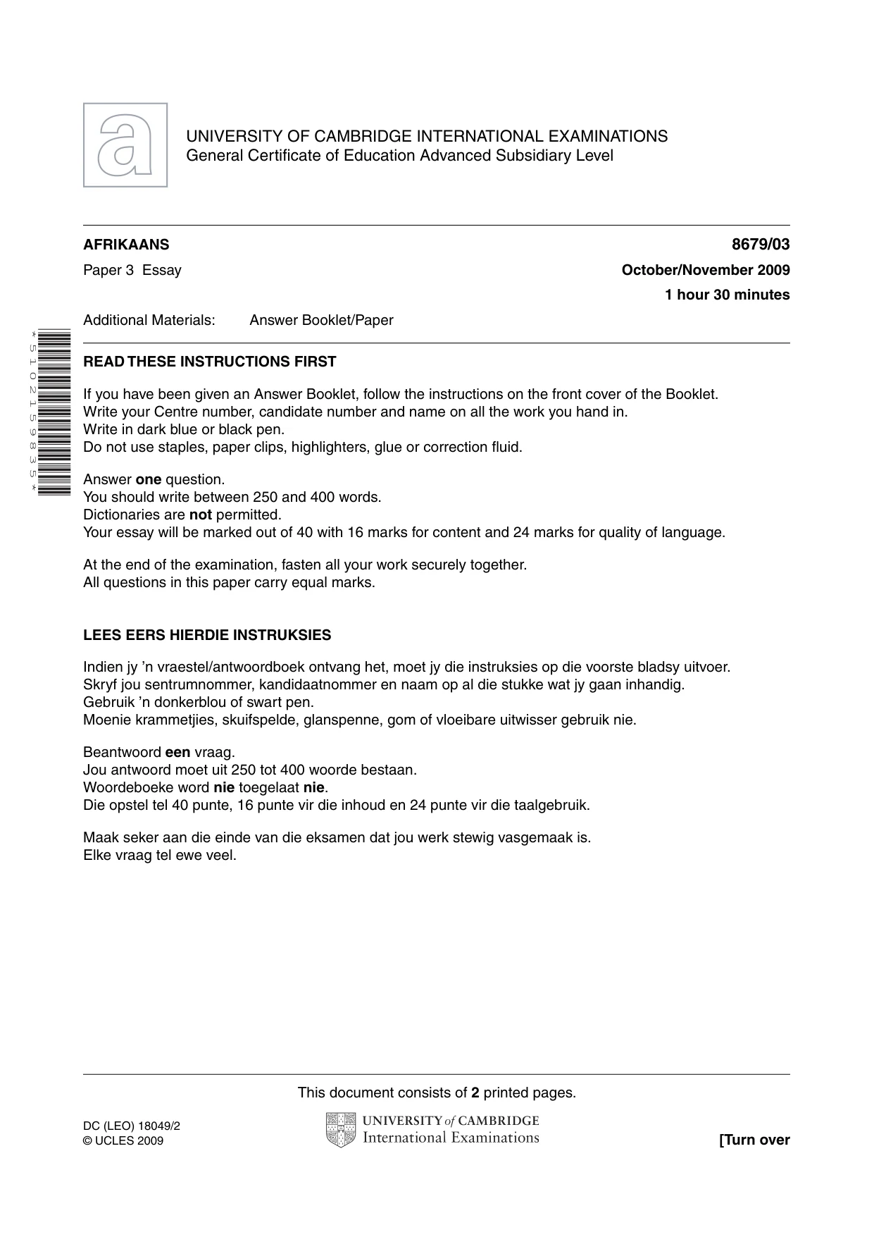 Cambridge A Level Afrikaans - Language (AS Level only) 8679 2009 Oct/Nov Paper 3 · Variant 1 question paper, page 1 of 2