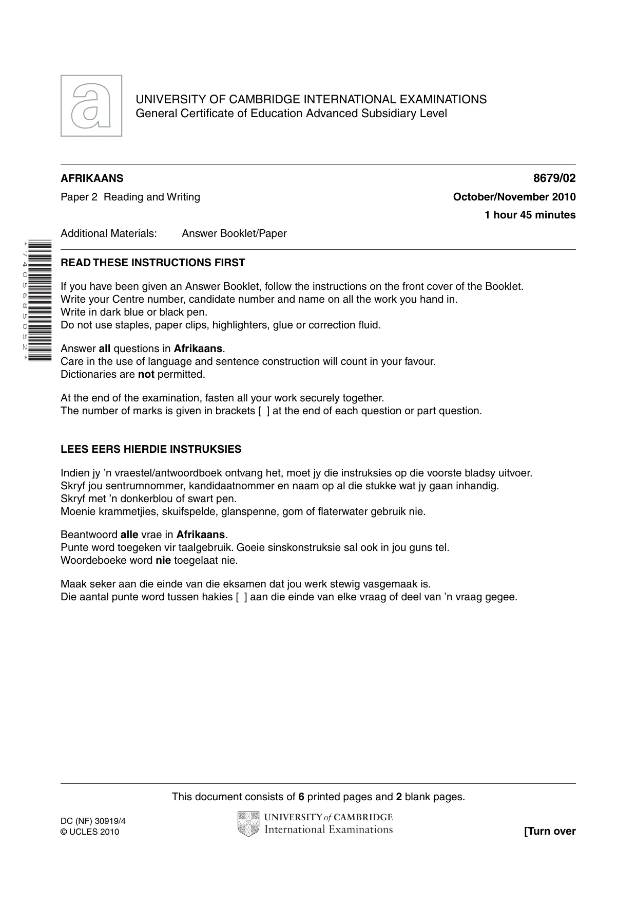 Cambridge A Level Afrikaans - Language (AS Level only) 8679 2010 Oct/Nov Paper 2 · Variant 1 question paper, page 1 of 8