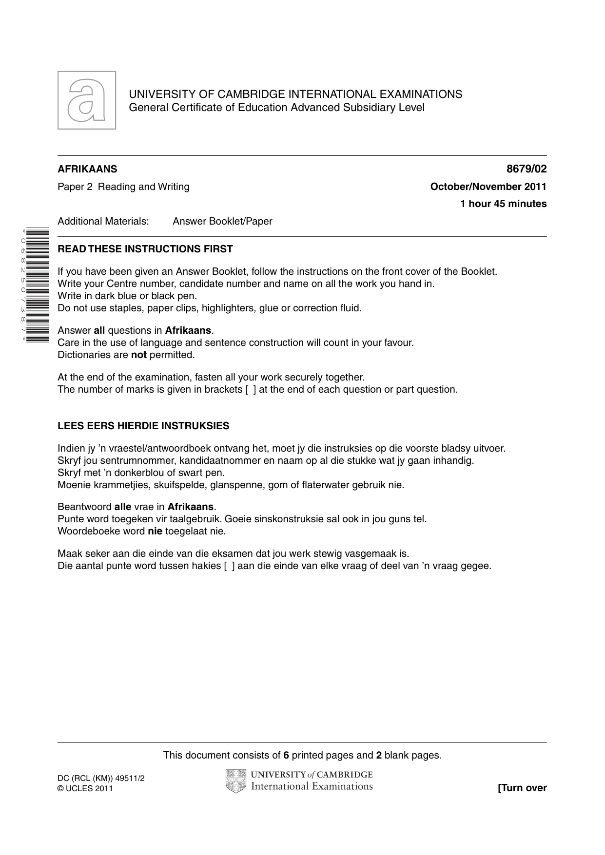 Cambridge A Level Afrikaans - Language (AS Level only) 8679 2011 Oct/Nov Paper 2 · Variant 1 question paper, page 1 of 8