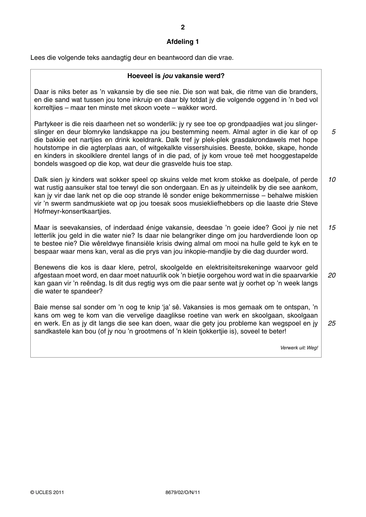 Cambridge A Level Afrikaans - Language (AS Level only) 8679 2011 Oct/Nov Paper 2 · Variant 1 question paper, page 2 of 8