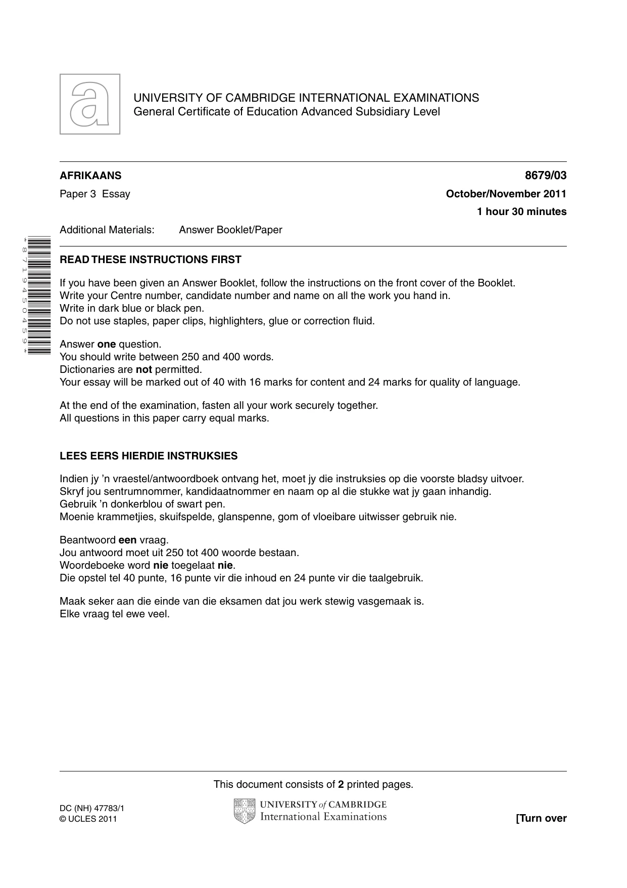 Cambridge A Level Afrikaans - Language (AS Level only) 8679 2011 Oct/Nov Paper 3 · Variant 1 question paper, page 1 of 2