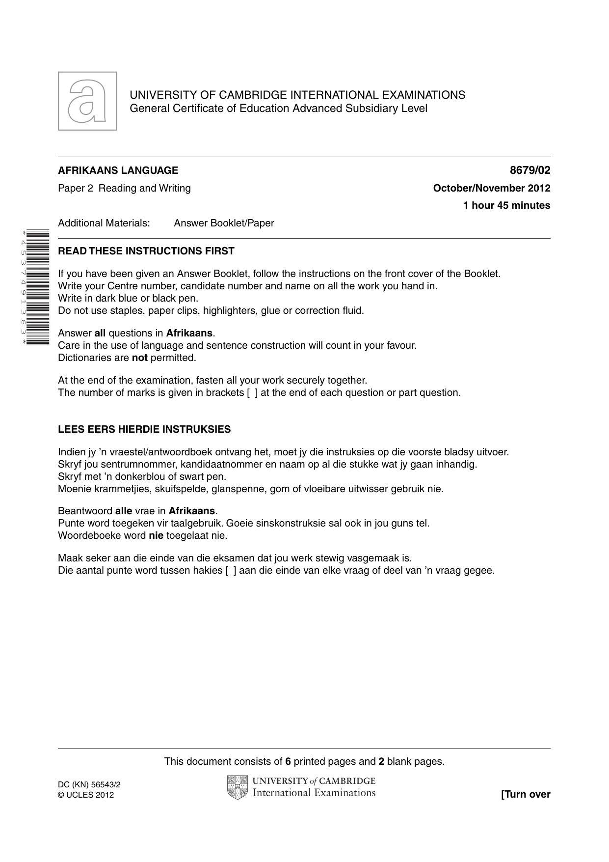 Cambridge A Level Afrikaans - Language (AS Level only) 8679 2012 Oct/Nov Paper 2 · Variant 1 question paper, page 1 of 8