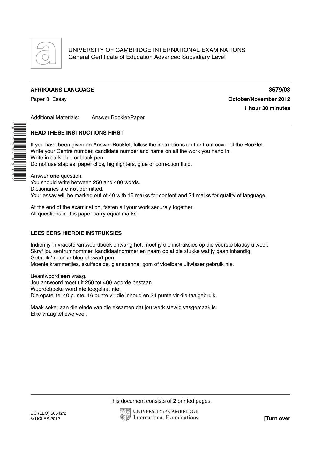 Cambridge A Level Afrikaans - Language (AS Level only) 8679 2012 Oct/Nov Paper 3 · Variant 1 question paper, page 1 of 2